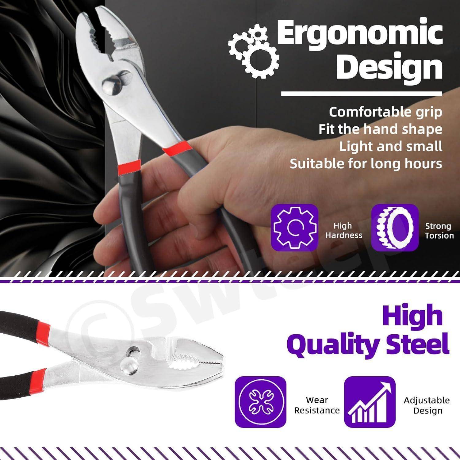 Ergonomische Zange mit bequemem Griff dargestellt; gekennzeichnete Vorteile umfassen hohe Härte, starke Torsion und Verschleißfestigkeit.