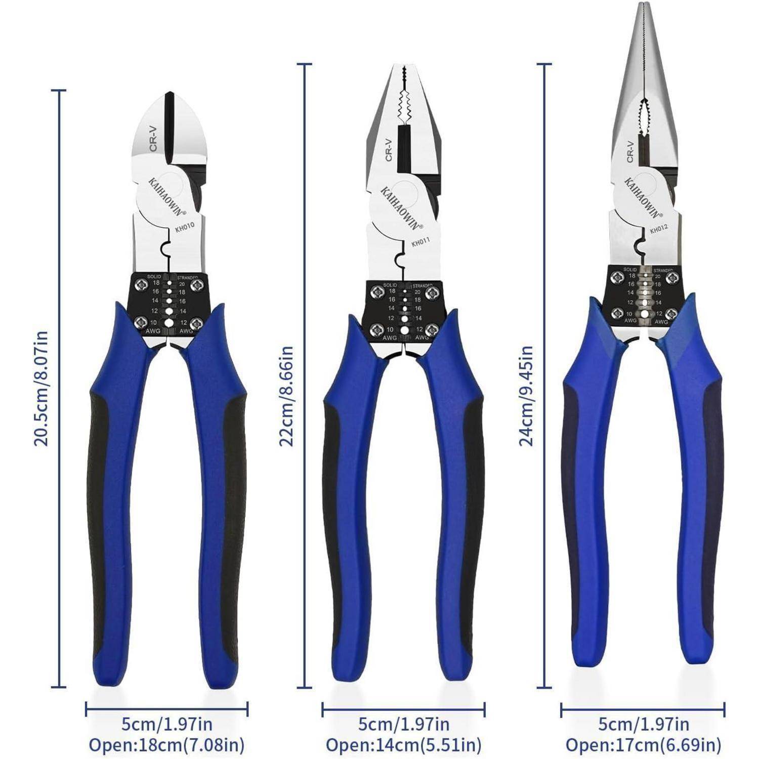 Bild von drei Paaren Zangen mit Messungen: von links nach rechts sind die Längen 20,5 cm, 22 cm und 24 cm im geschlossenen Zustand, mit blauen und schwarzen Griffen.