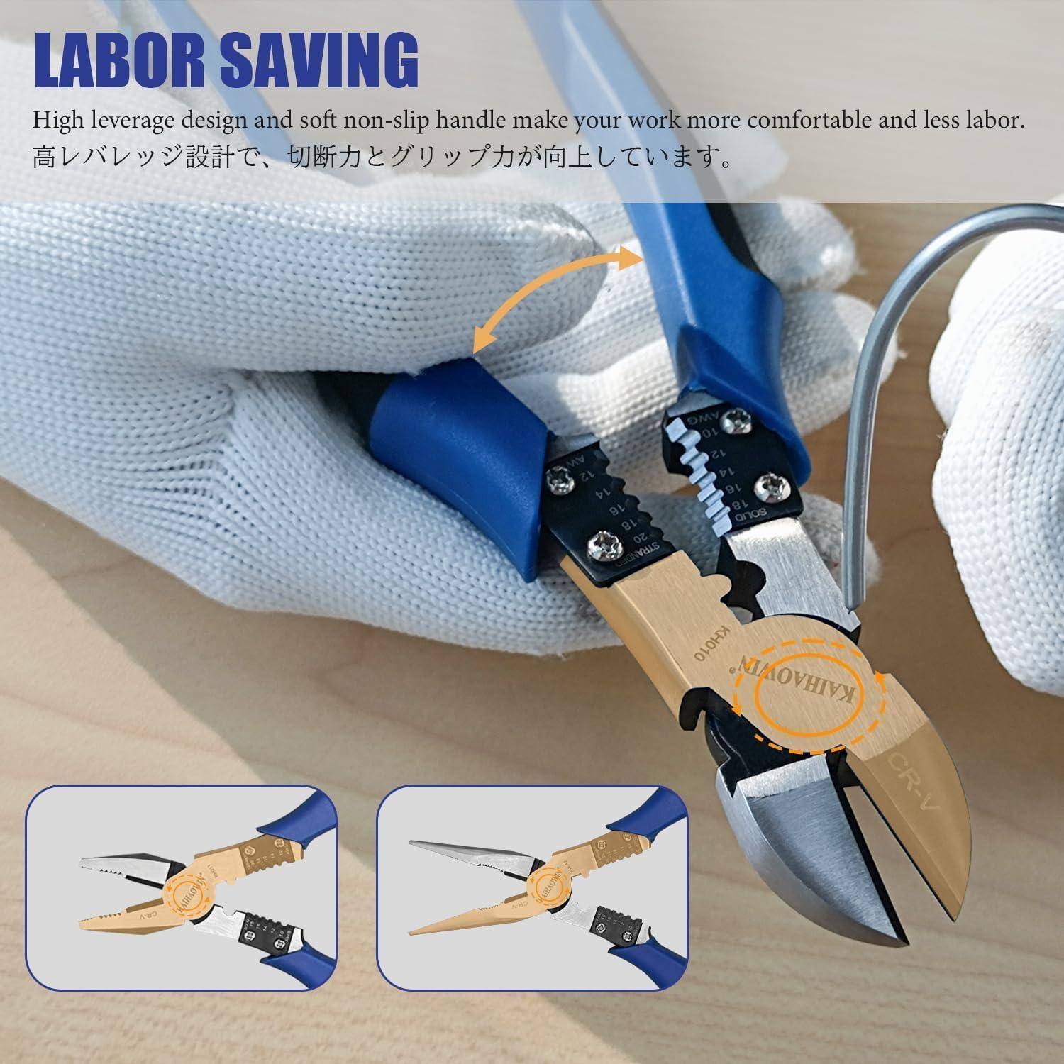 Hände, die Zangen mit blauen Griffen verwenden, um einen Draht auf einer Holzoberfläche zu durchtrennen. Der Text 'Labor Saving' unterstreicht das ergonomische Design des Werkzeugs.