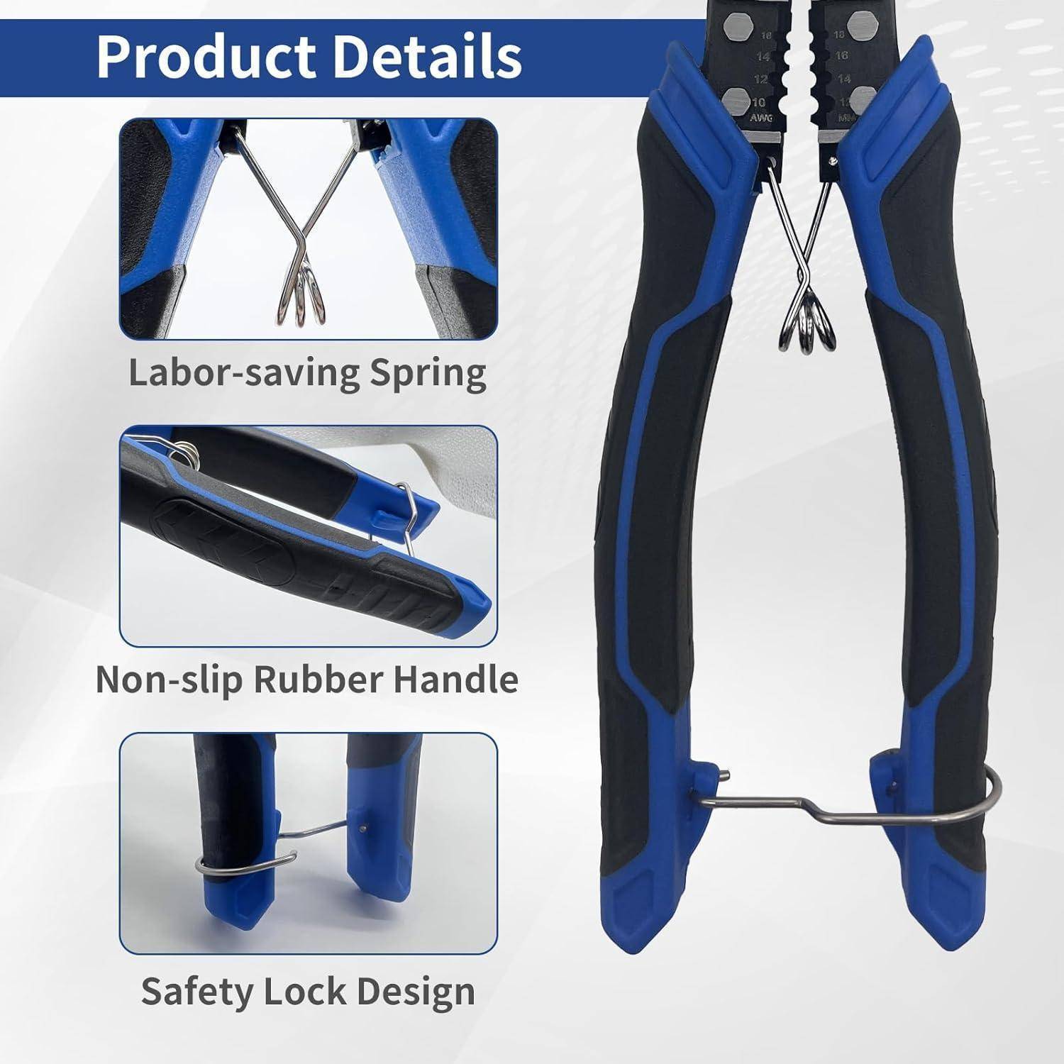 Produktdetails': Das Bild zeigt einen blauen und schwarzen Crimpzange mit einer arbeitserleichternden Feder, einem rutschfesten Gummigriff und einem Sicherheitsverriegelungsdesign.