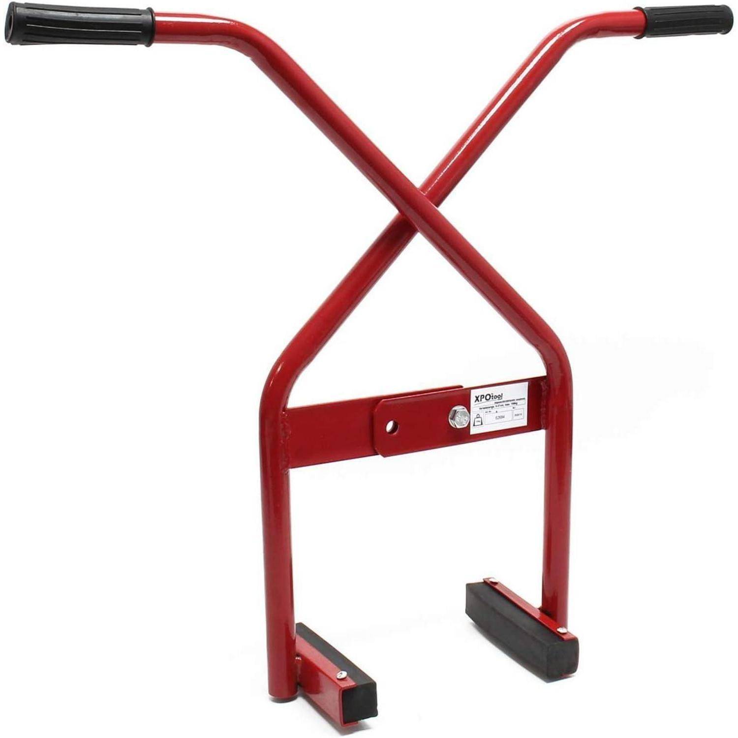 Ein roter X-förmiger Panelträger mit schwarzen Griffen und Gummi-Griffpolstern zum sicheren Transport großer Platten wie Trockenbau- oder Sperrholzplatten.