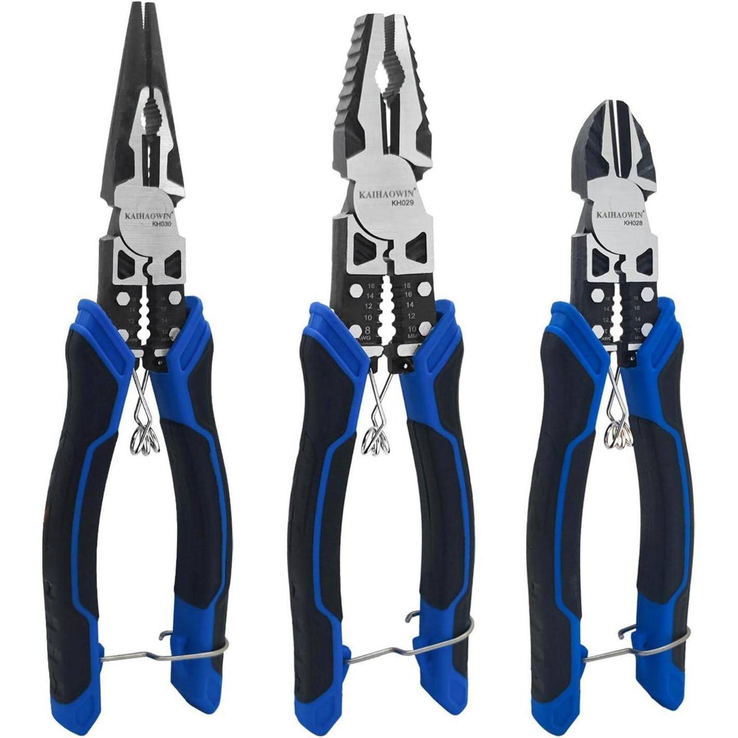 Drei Arten von Zangen mit schwarzen und blauen Griffen: Spitzzange, Kombizange und Seitenschneider, aufrecht stehend ausgestellt.