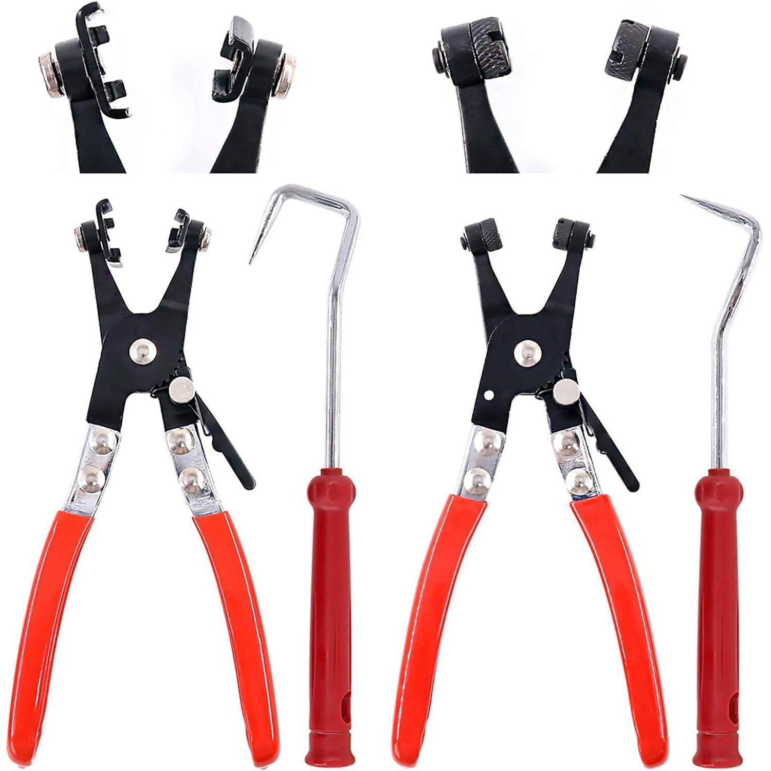 Zwei Paare Spannzangenpliers mit roten Griffen und zwei rote Haken liegen ausgerichtet. Werkzeuge zum Einstellen und Festziehen von Riemenklammern.