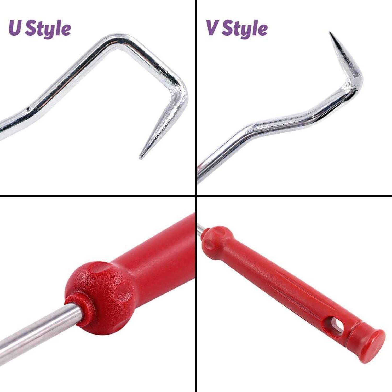 Vergleich von U-Stil und V-Stil Haken, mit Metallkurven und roten Griffdesigns, die Unterschiede in Form und Griff hervorheben.