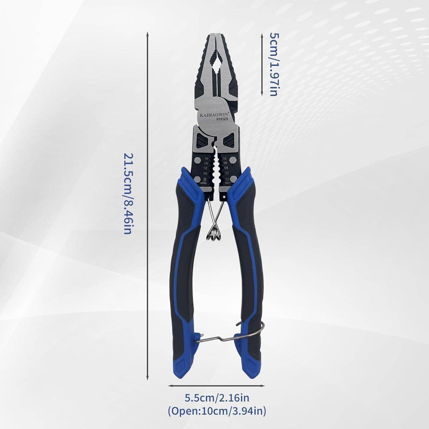 Blau und schwarz gefärbte Multitool-Zange mit Maßen: Länge 21,5 cm, Breite 5,5 cm und Öffnungsbreite 10 cm; verwendet für präzisen Griff und Schneiden.