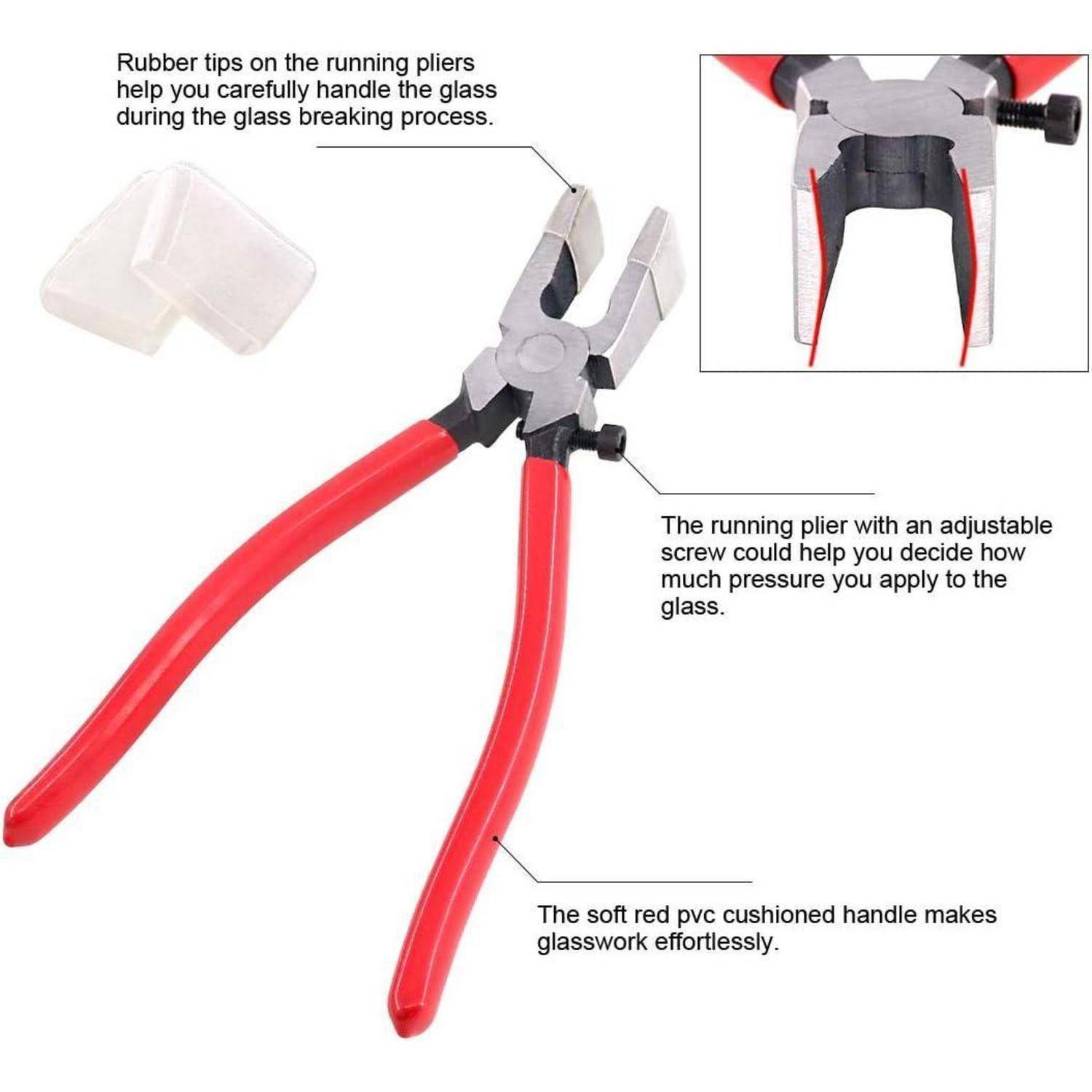 Laufzange mit roten PVC-gepolsterten Griffen, verstellbarer Schraube und Gummispitzen unterstützt sicheres und präzises Glasbrechen und Glashandhabung.