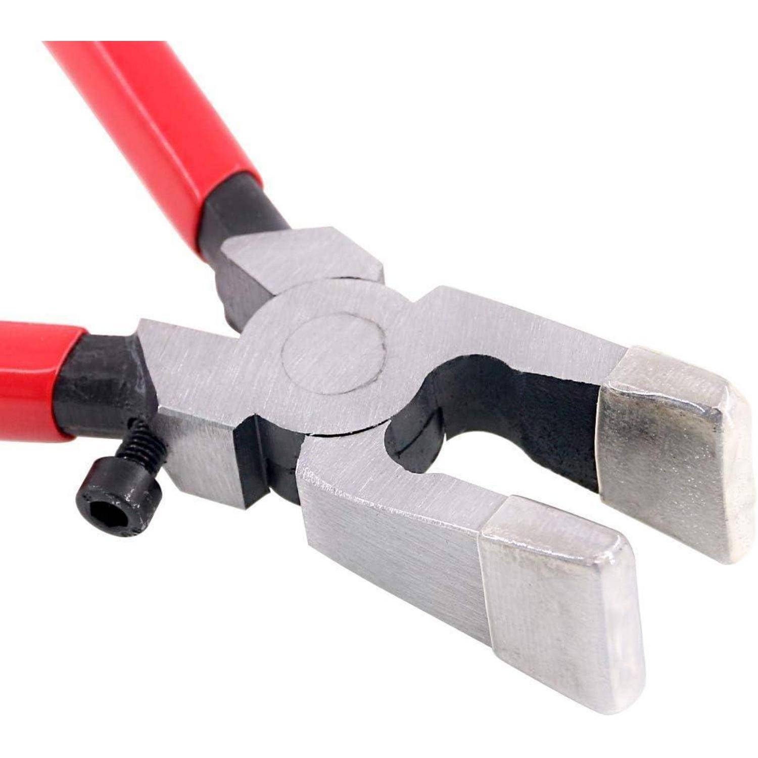 Werkzeug mit rotem Griff, das Zangen ähnelt, mit einem metallischen, abgerundeten Gelenk in der Mitte und flachen Greifenden. Wird für Kniff- oder Schneidarbeiten verwendet.