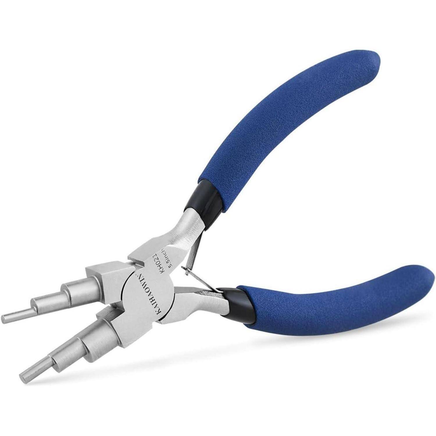 Rundspitzzange mit verstellbaren Abschnitten und blauen Griffen, verwendet zum Formen und Biegen von Draht bei der Schmuckherstellung.