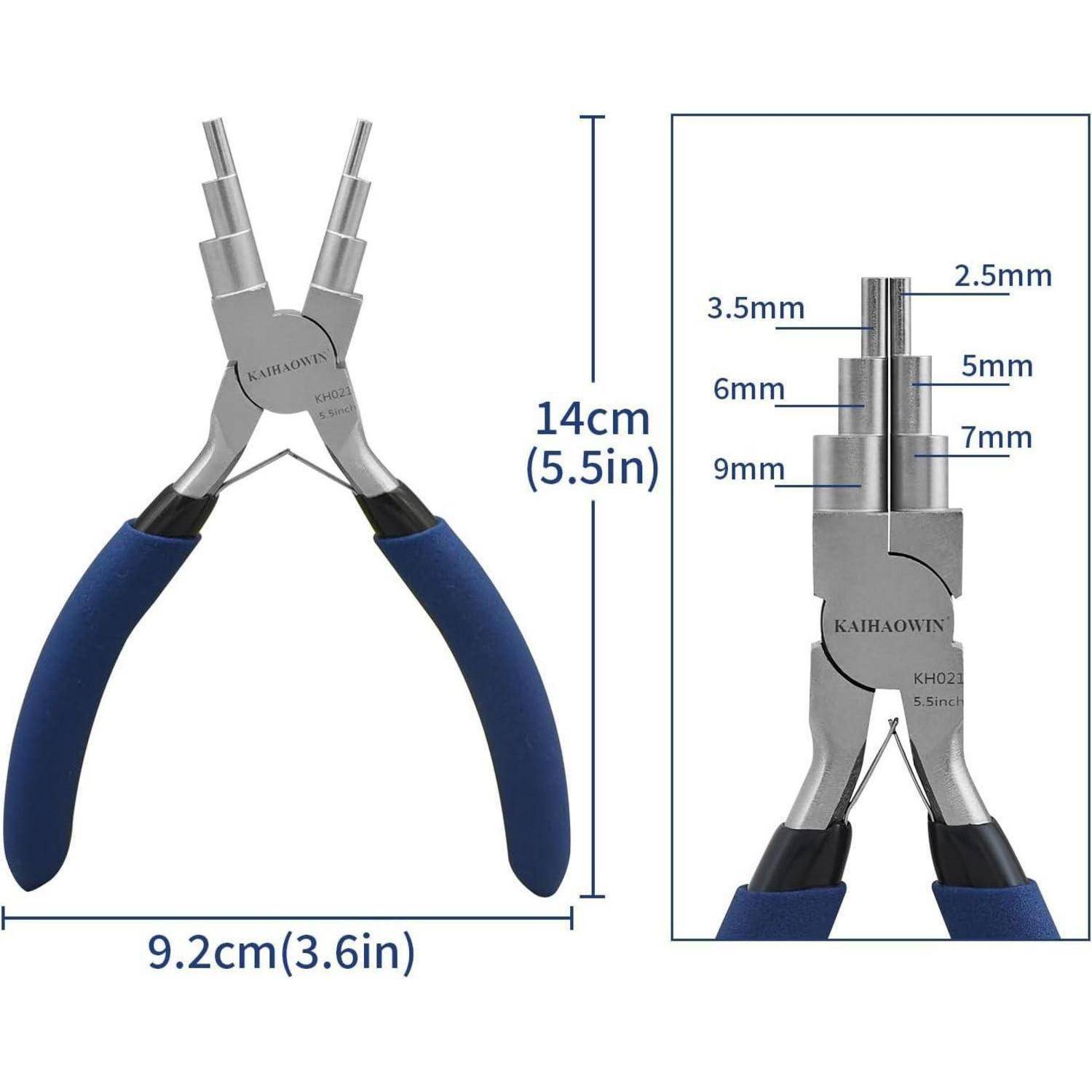 Rundspitzzange mit blauen Griffen. Nahaufnahme zeigt Spitzengrößen: 3,5mm, 5mm, 6mm, 7mm und 9mm. Abmessungen: 14cm (5,5 Zoll) Länge, 9,2cm (3,6 Zoll) Breite.