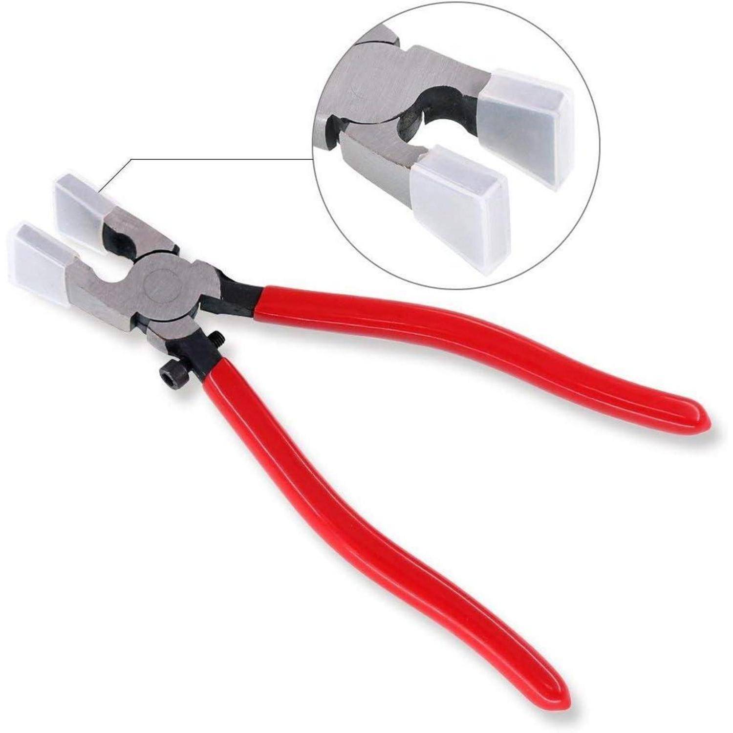 Rote Glasschneidezangen mit Gummienden, die entwickelt wurden, um gleichmäßigen Druck auszuüben und Glas entlang einer Schnittlinie sauber zu brechen.
