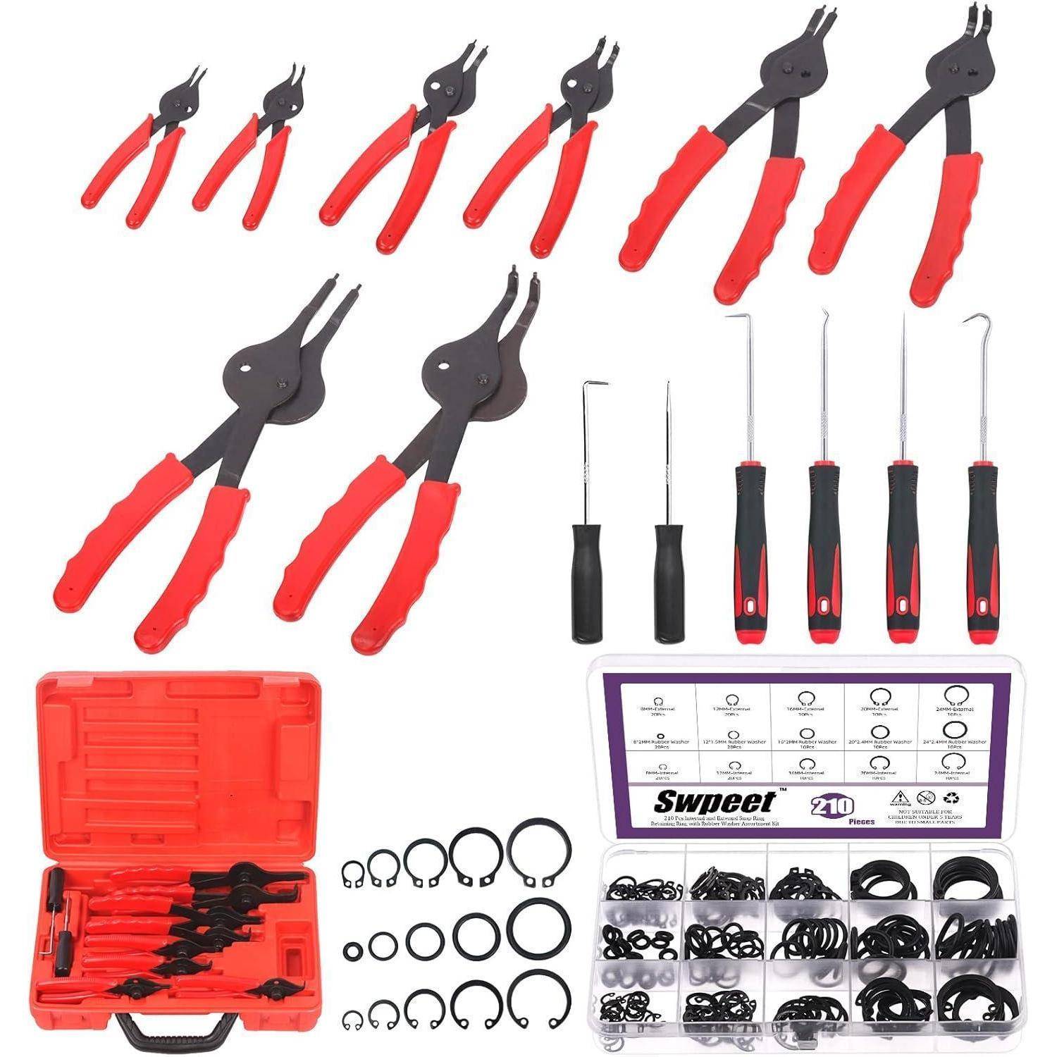 Ein Set aus roten und schwarzen Zangen, Haken und O-Ringen, die in einem roten Gehäuse und einer beschrifteten Box organisiert sind und für Auto- und mechanische Arbeiten verwendet werden.