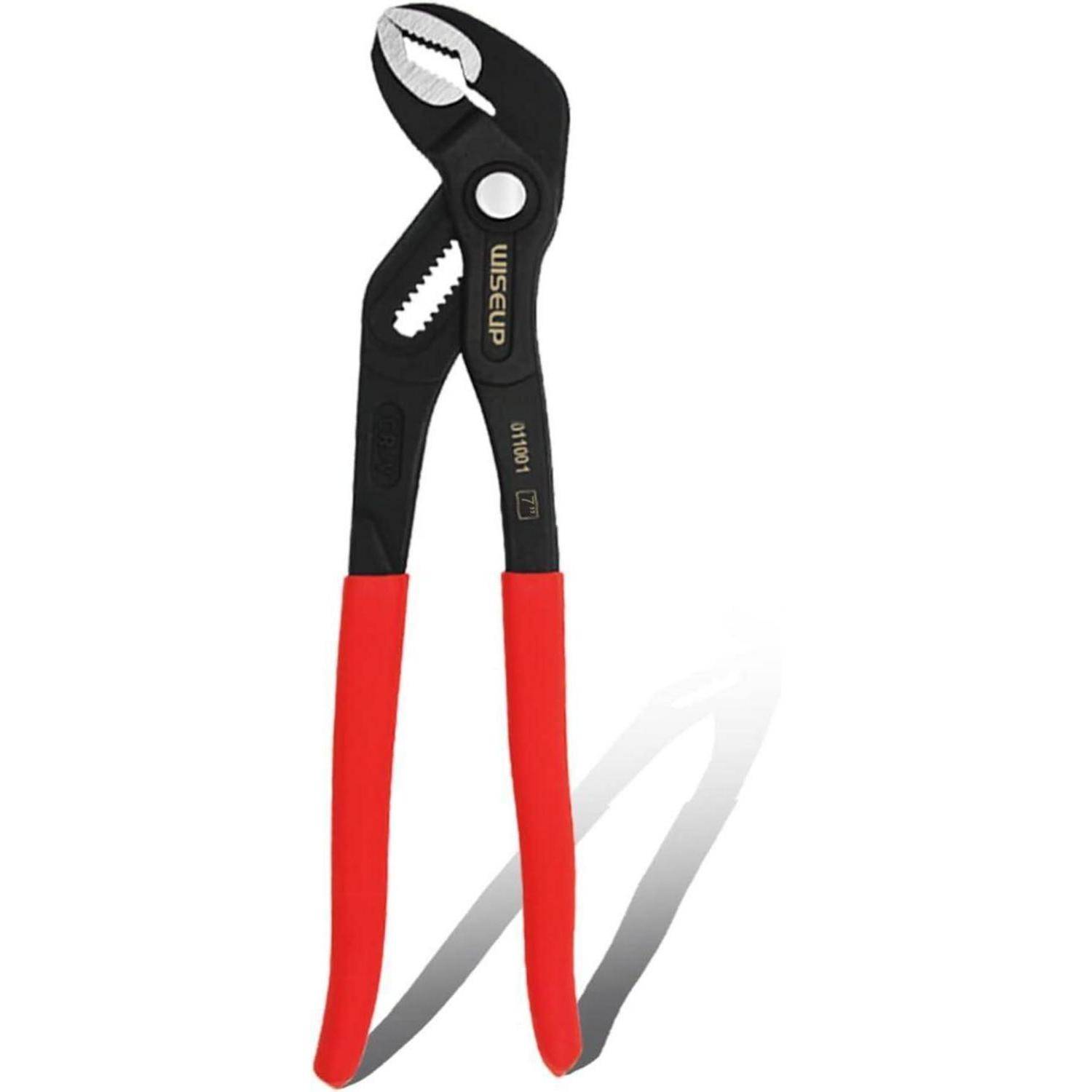 Rot-handhabte justierbare Zange mit schwarzem Backenbereich und Markennamen 'WISEUP' auf dem Metall. Verwendet zum Greifen und Drehen von Objekten.
