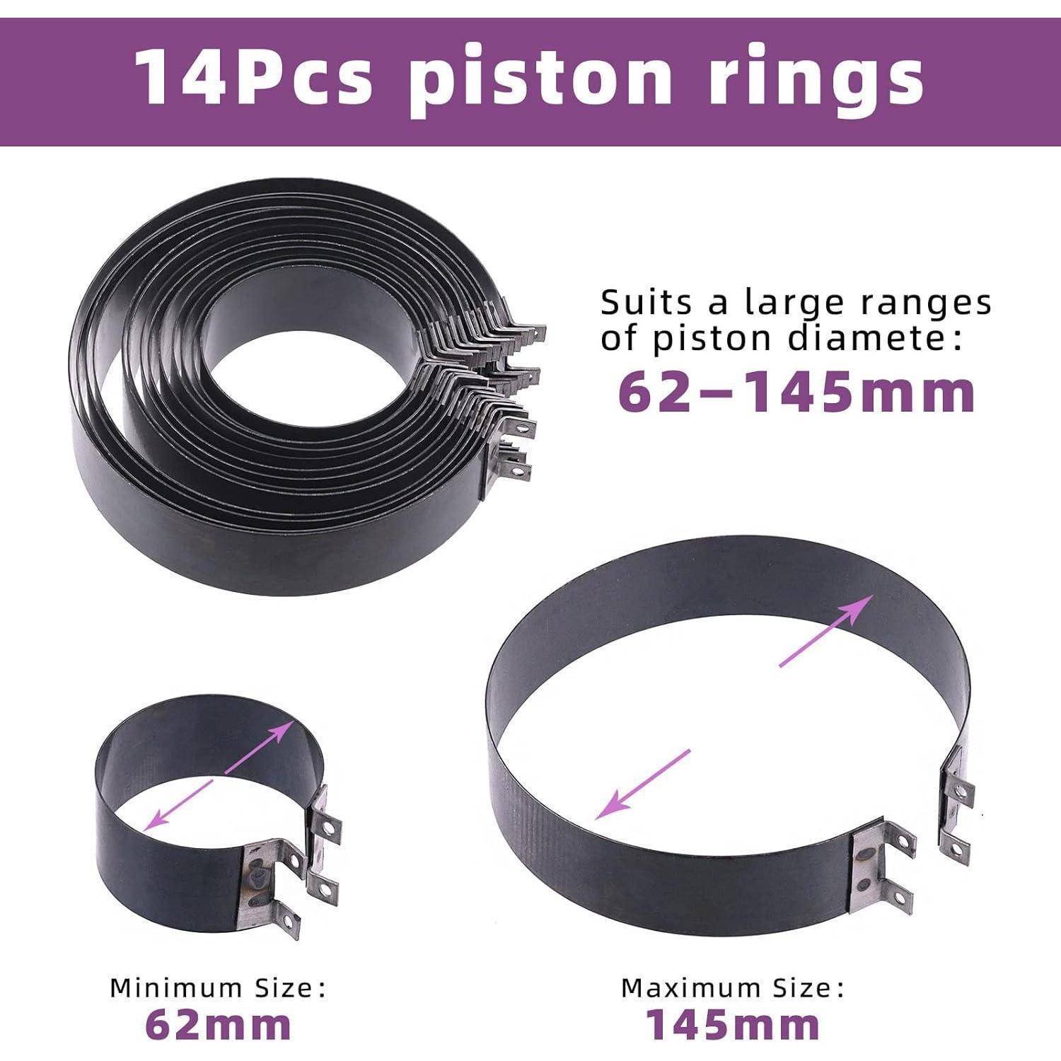 14 Stück Kolbenringe; einstellbare Größe für Kolbendurchmesser von 62 mm bis 145 mm. Abbildung zeigt Ringe in minimaler und maximaler Größe.