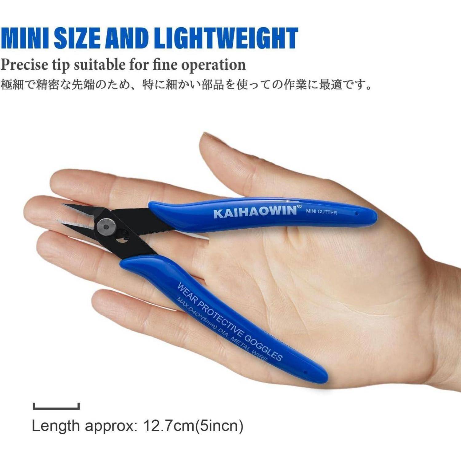 Eine Hand, die die 'KAIHAOWIN Mini Cutters' hält, mit dem Text 'Mini Size and Lightweight' und 'Wear Protective Goggles'. Länge: 12,7 cm.