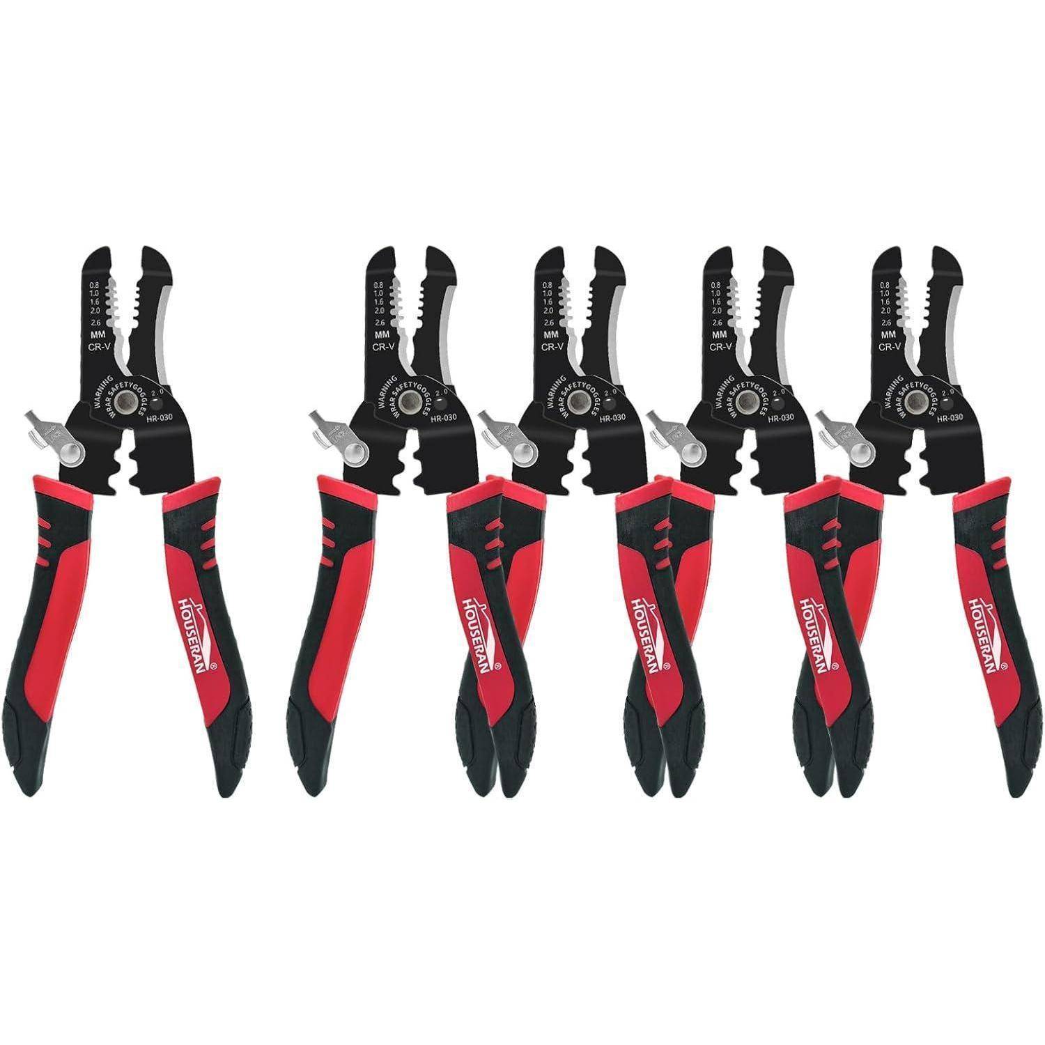 Fünf rot-schwarze Abisolierzangen, die jeweils Messmarkierungen, eine Schneidkante und ergonomische Griffe aufweisen, sind nebeneinander ausgerichtet.