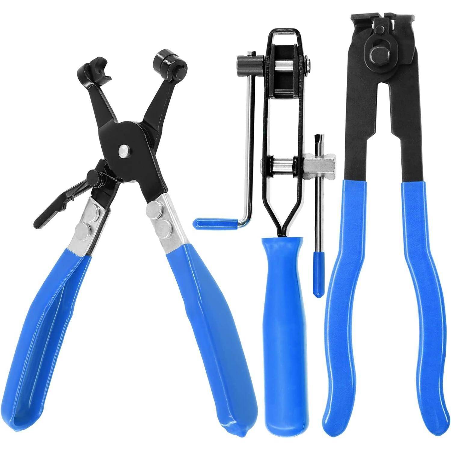 Drei Handwerkzeuge mit blauen Griffen: eine Schlauchschellenzange, ein Kurbelwerkzeug mit einem rotierenden Griff und ein Verkleidungsclip-Entferner.