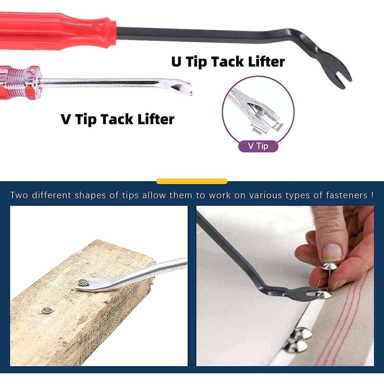 Tacklifter-Werkzeuge mit U- und V-Spitzen dargestellt. Zeigt das Abheben von Tacks von Holz. Die Werkzeuge verfügen über ergonomische Griffe für einfache Handhabung.