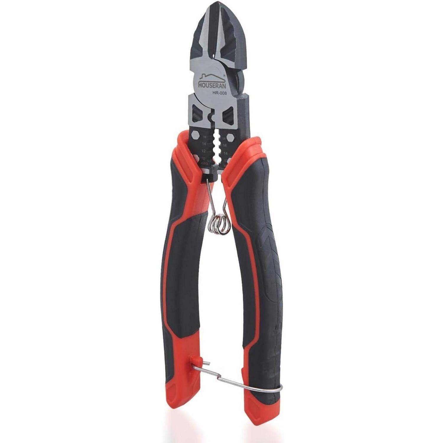 Ein Paar Zangen in Rot und Schwarz mit Griffhandhabung, ausgestattet mit einem Schneider an der Spitze und einem Verriegelungsmechanismus in der Mitte für zusätzliche Sicherheit.