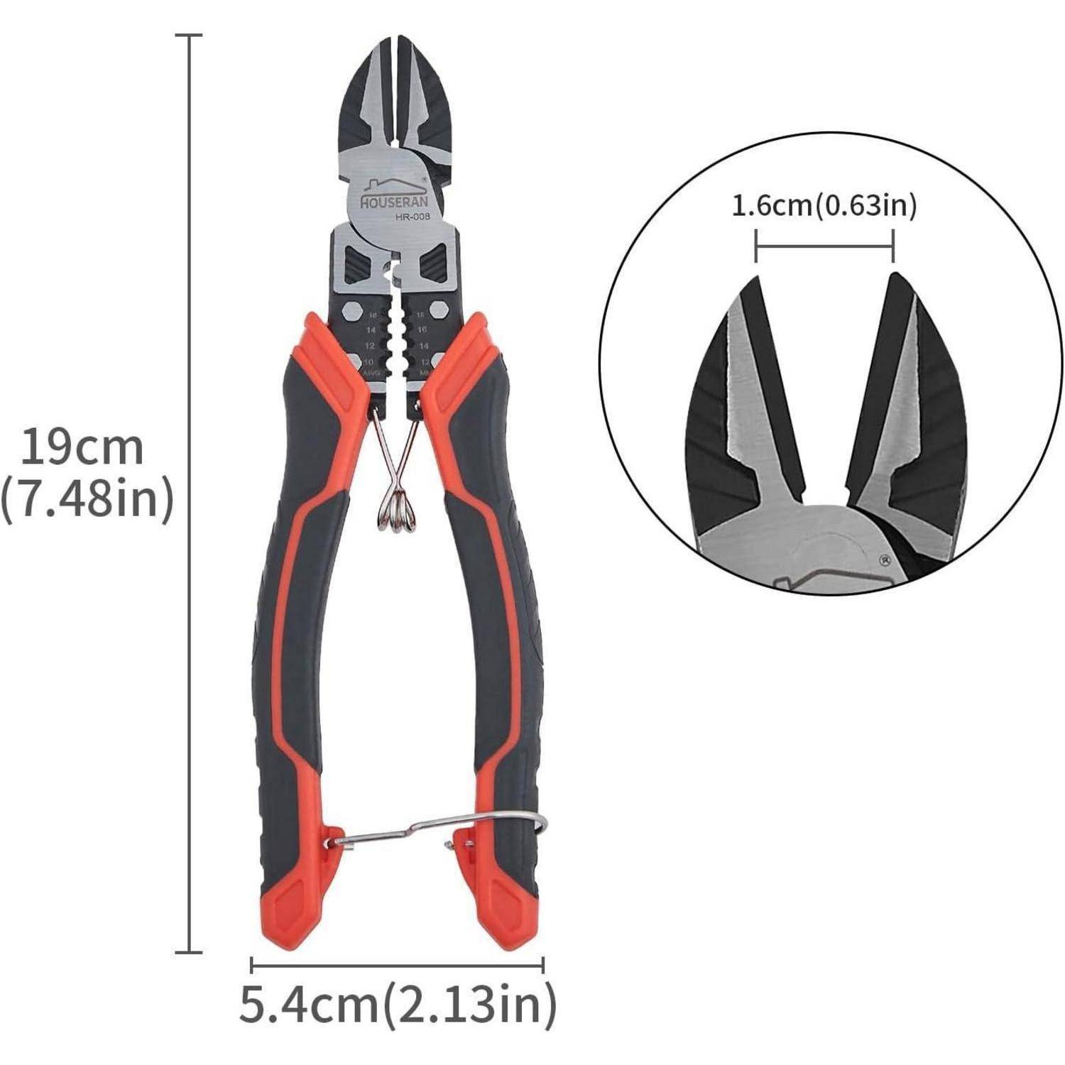 Ein Paar Drahtschneider in Rot und Schwarz mit angegebenen Abmessungen: 19 cm (7,48 Zoll) lang, 5,4 cm (2,13 Zoll) breit und einer Kiefernbreite von 1,6 cm (0,63 Zoll).
