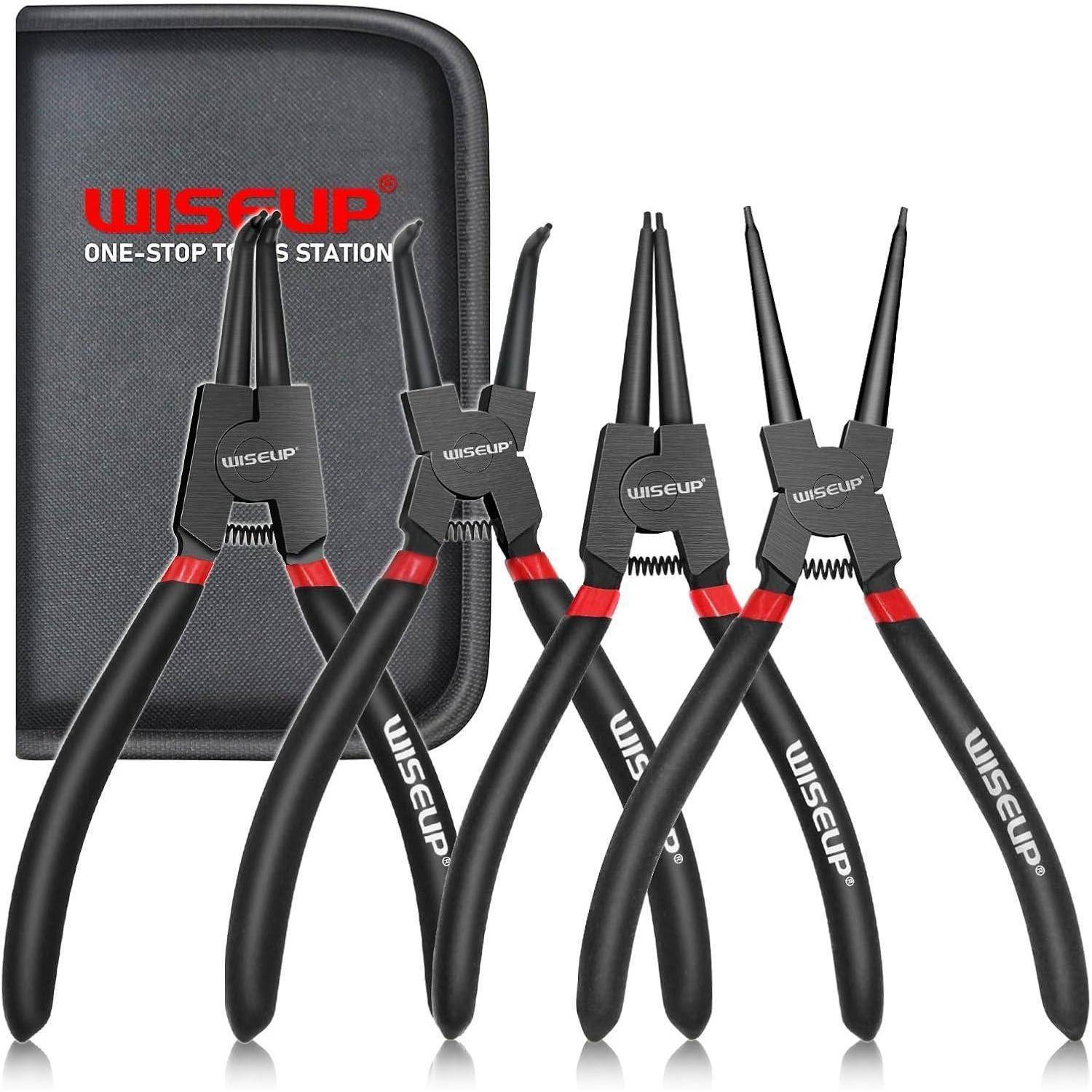 Ein Satz von vier schwarz-roten Zangen mit unterschiedlichen Spitzenformen wird vor einem schwarzen Koffer präsentiert, der mit 'WISEUP One-Stop Tools Station' beschriftet ist.