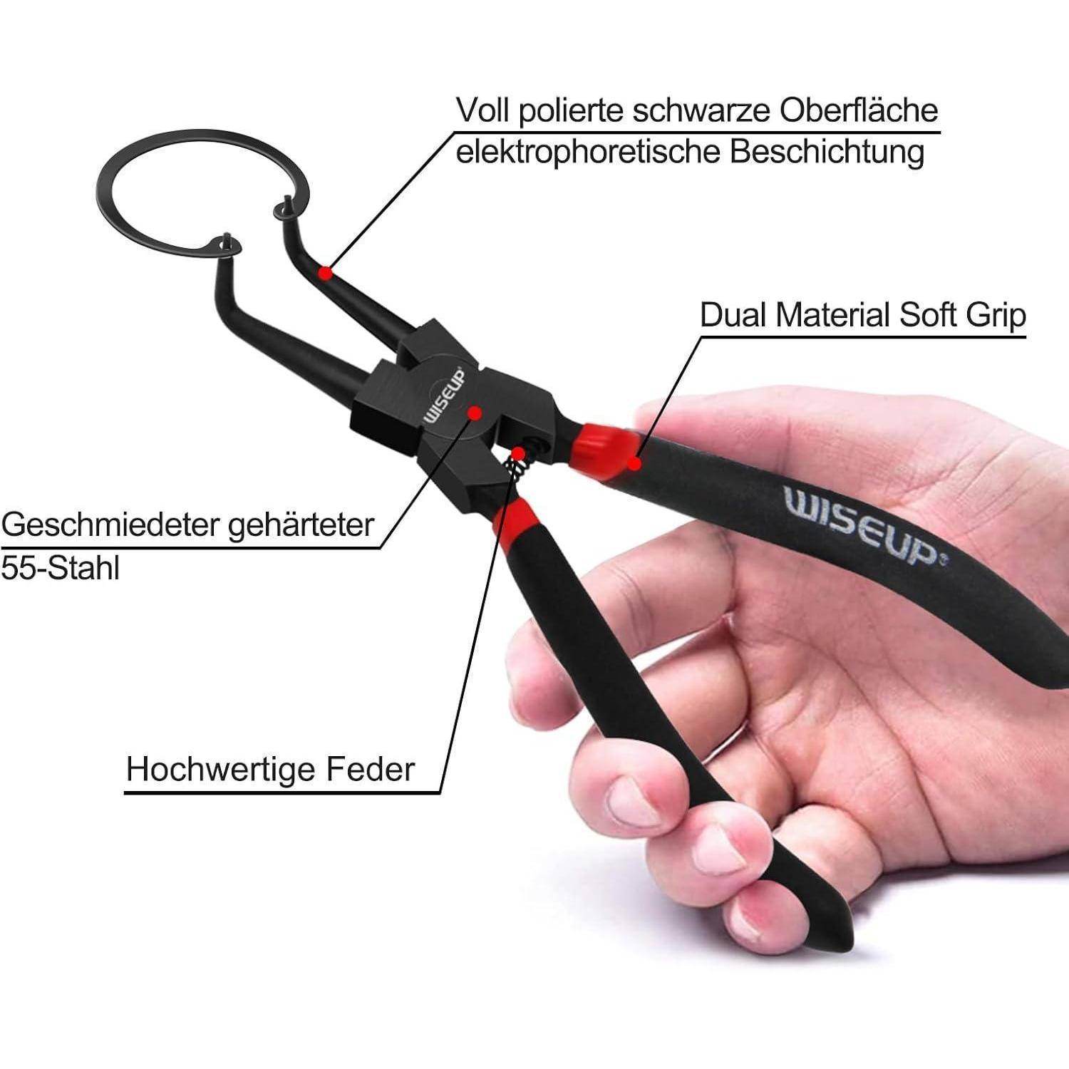 Hand hält schwarzes Werkzeug mit roten Akzenten, Teile beschriftet: 'Vollständig polierte schwarze Oberfläche', 'Geschmiedeter gehärteter 55-Stahl', 'Hochwertige Feder', 'Zweimaterial-Weichgriff'.