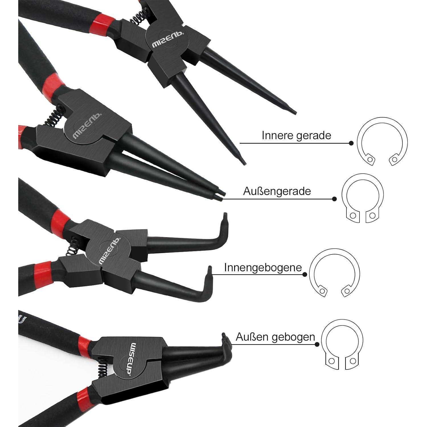 Sicherungsringzangen-Set mit auswechselbaren Köpfen: innerer gerader, äußerer gerader, innerer gebogener, äußerer gebogener Kopf. Anwendungsillustrationen.