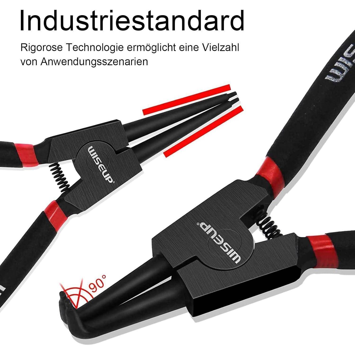 Zwei Paare Wisum-Zangen, jeweils mit roten Akzenten, werden in verschiedenen Winkeln gezeigt. Deutscher Text über ihnen hebt ihren industriellen Standard und ihre Vielseitigkeit hervor.