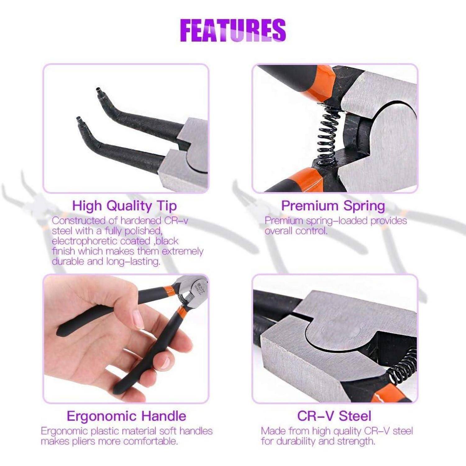 Multi-Tip-Zange mit Funktionen: 'Hochwertige Spitze', 'Premium-Feder', 'Ergonomischer Griff', 'CR-V-Stahl', mit Hervorhebung von Design und Haltbarkeit.