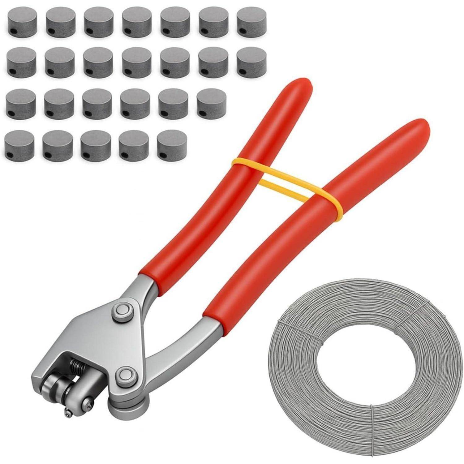 Zange mit roten Griffen, eine Drahtspule und mehrere runde Metallteile sind auf weißem Hintergrund angeordnet, was auf einen Werkzeugsatz hindeutet.