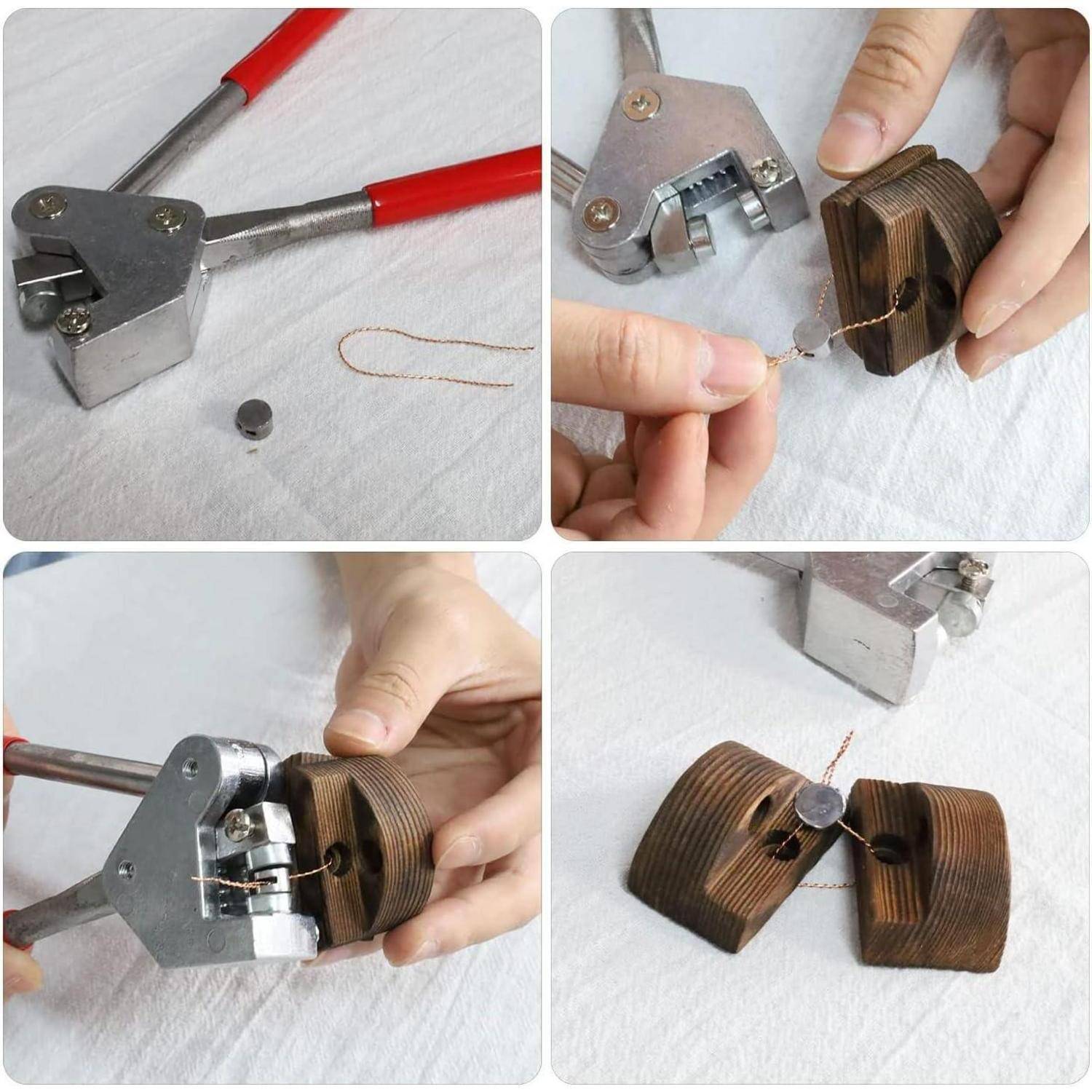Das Bild zeigt einen vierstufigen Prozess zur Herstellung eines Holzarmbands mit einer Metallschließe und Draht, wobei ein Werkzeug zum Einsetzen des Drahtes verwendet wird.