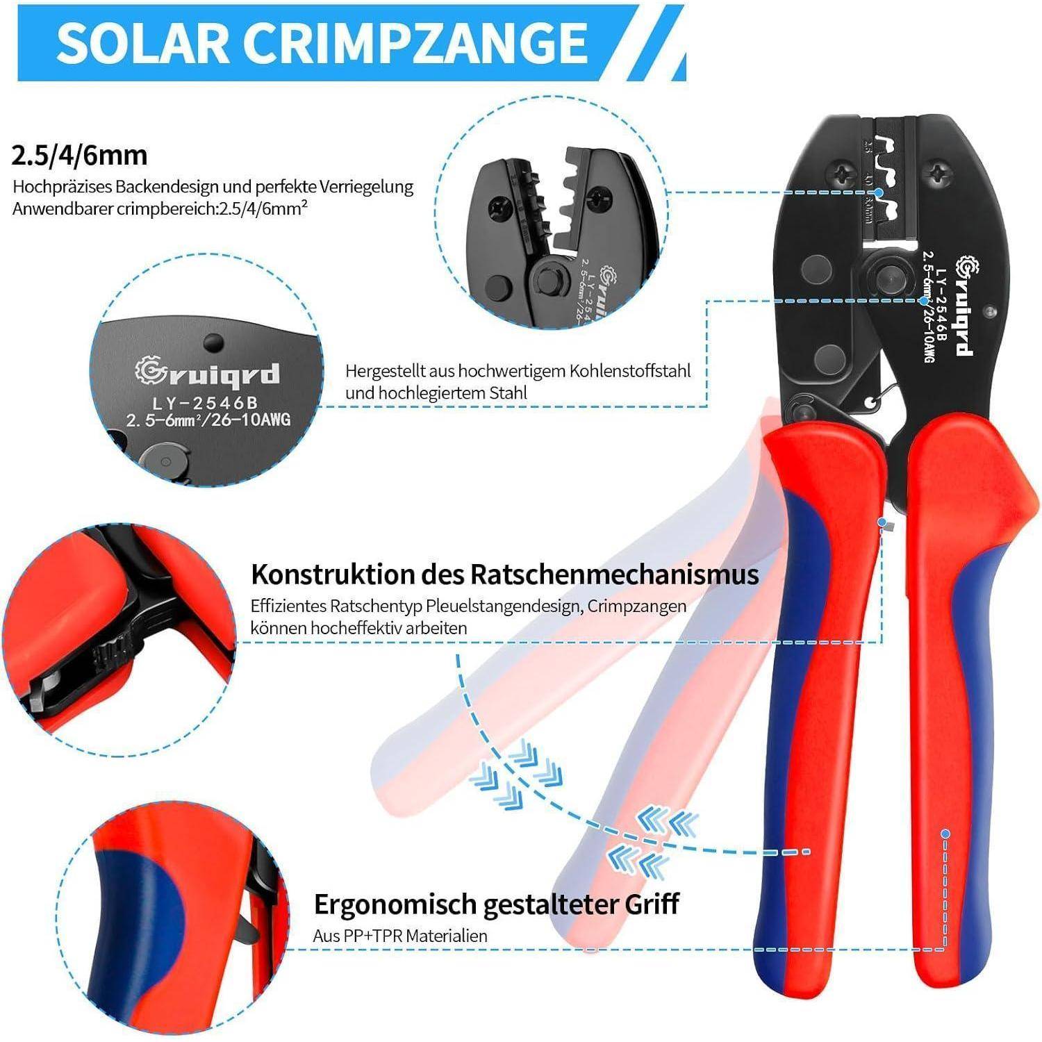 Zangenpresse 'Solar Crimpzange' mit ergonomischem Griff, verstellbaren Einstellungen und präzisem Ratschenmechanismus zum Crimpen von 2,5/4/6 mm Leitungen.