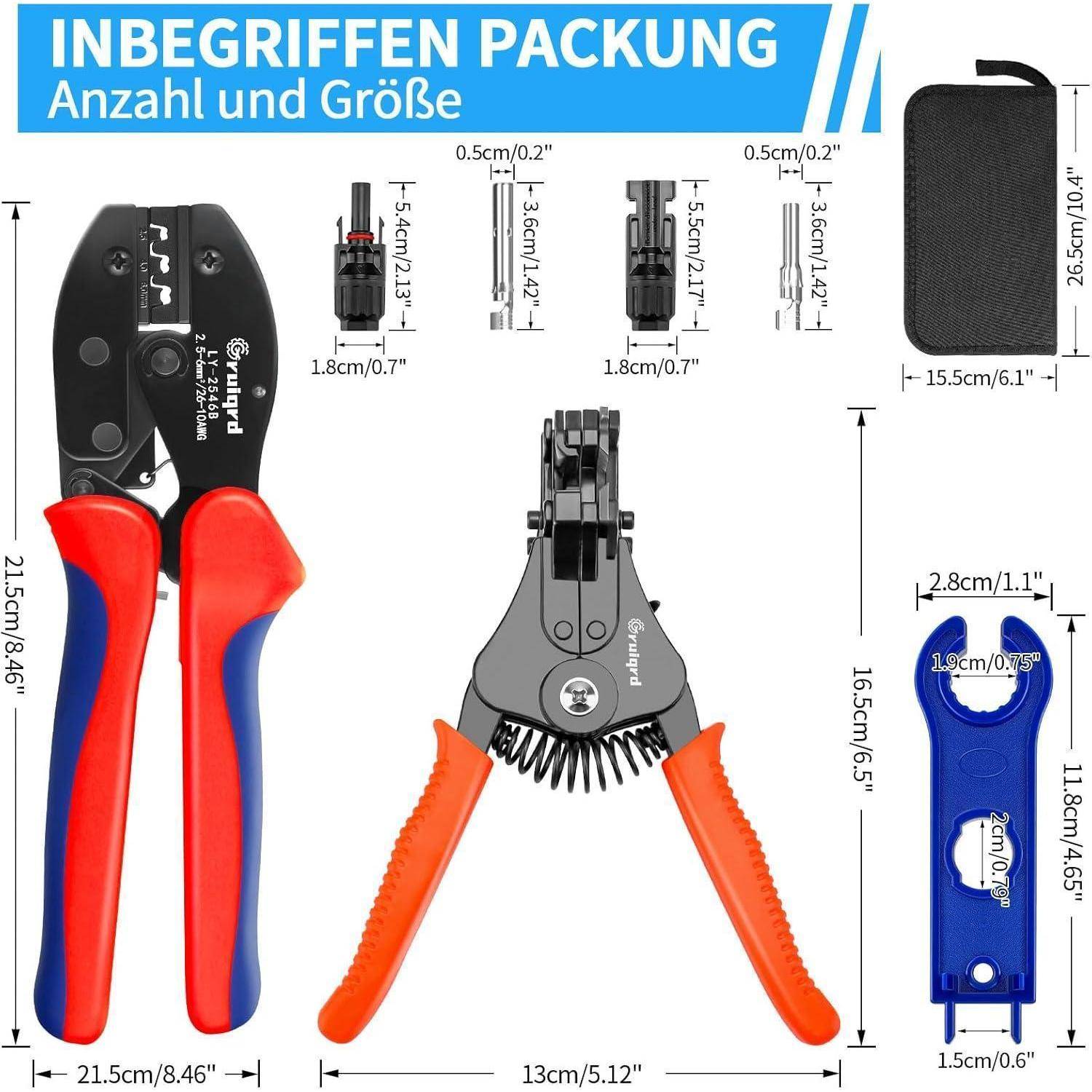 Ein Werkzeugsatz-Bild, das eine Crimpzange, Abisolierzange und Drahtschere zeigt, mit Maßangaben und einem Transportkoffer. Beschriftungen sind auf Deutsch.