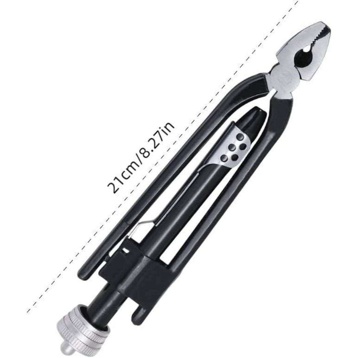 Ein schwarzes Werkzeug, das einer Kombination aus einem zusammenklappbaren Schraubenschlüssel und einem kompakten Stativ ähnelt, misst 21 cm oder 8,27 Zoll in der Länge.