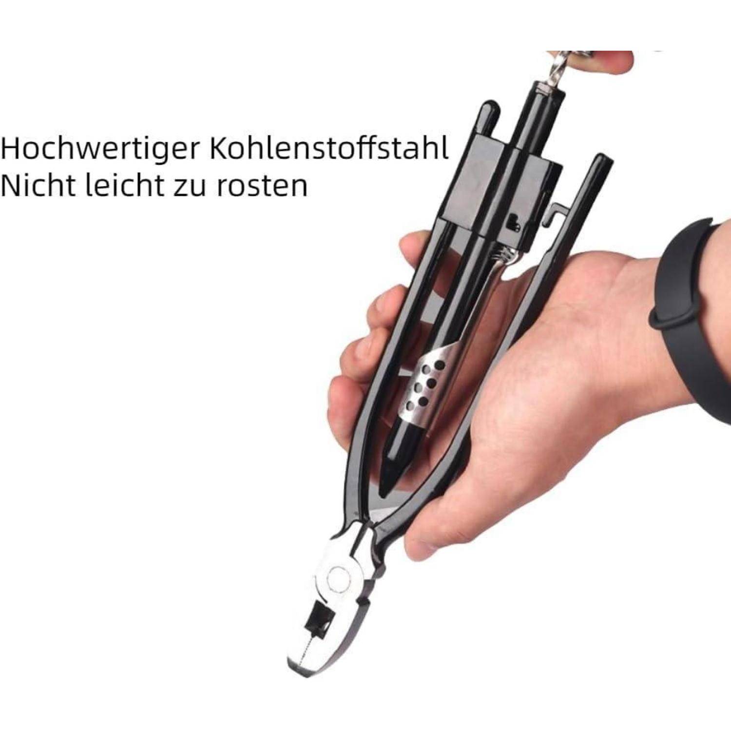 Hand hält ein Metallwerkzeug mit der Beschriftung 'Hochwertiger Kohlenstoffstahl Nicht leicht zu rosten', was darauf hinweist, dass es sich um Kohlenstoffstahl von hoher Qualität handelt, der nicht leicht rostet.