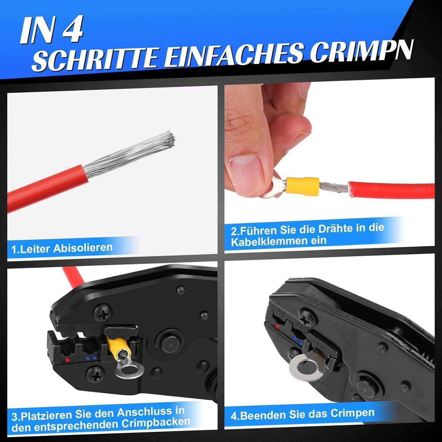 Das Bild zeigt eine Anleitung zum Crimpen von Kabeln in vier Schritten: 1. Kabel abisolieren. 2. Kabel in Verbinder einführen. 3. Verbinder in Crimpwerkzeug platzieren. 4. Crimpvorgang abschließen.