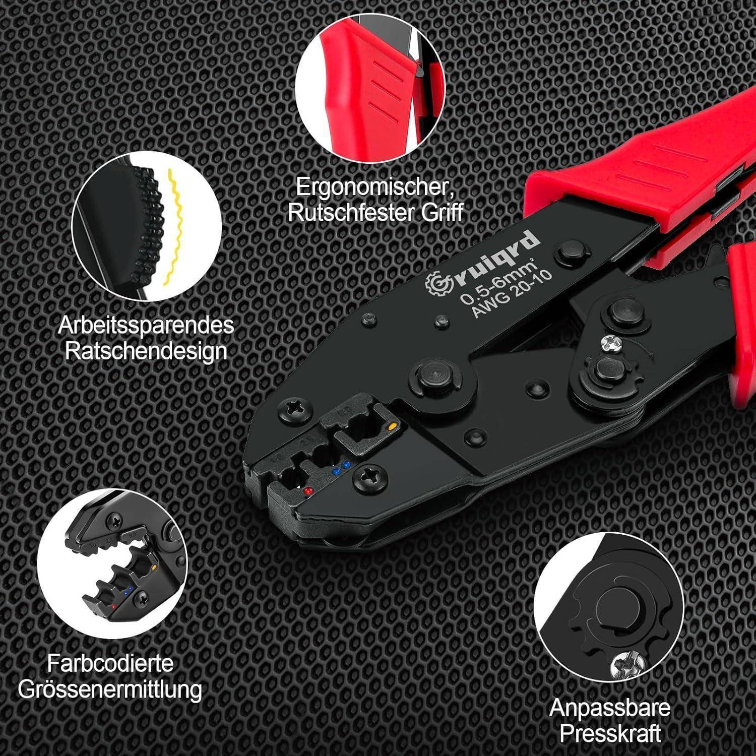 Ein Diagramm, das ein rotes und schwarzes Handwerkzeug mit beschrifteten Teilen zeigt: 'ergonomischer rutschfester Griff', 'arbeitsparendes Design', 'farbcodierte Größenermittlung', 'anpassbare Presskraft'.