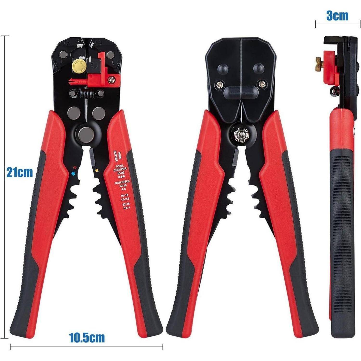 Abisolierzange. Drei Ansichten zeigen eine rot-schwarze Zange mit Kalibrierungsmarkierungen für 21 cm Länge, 10,5 cm Breite und 3 cm Tiefe.