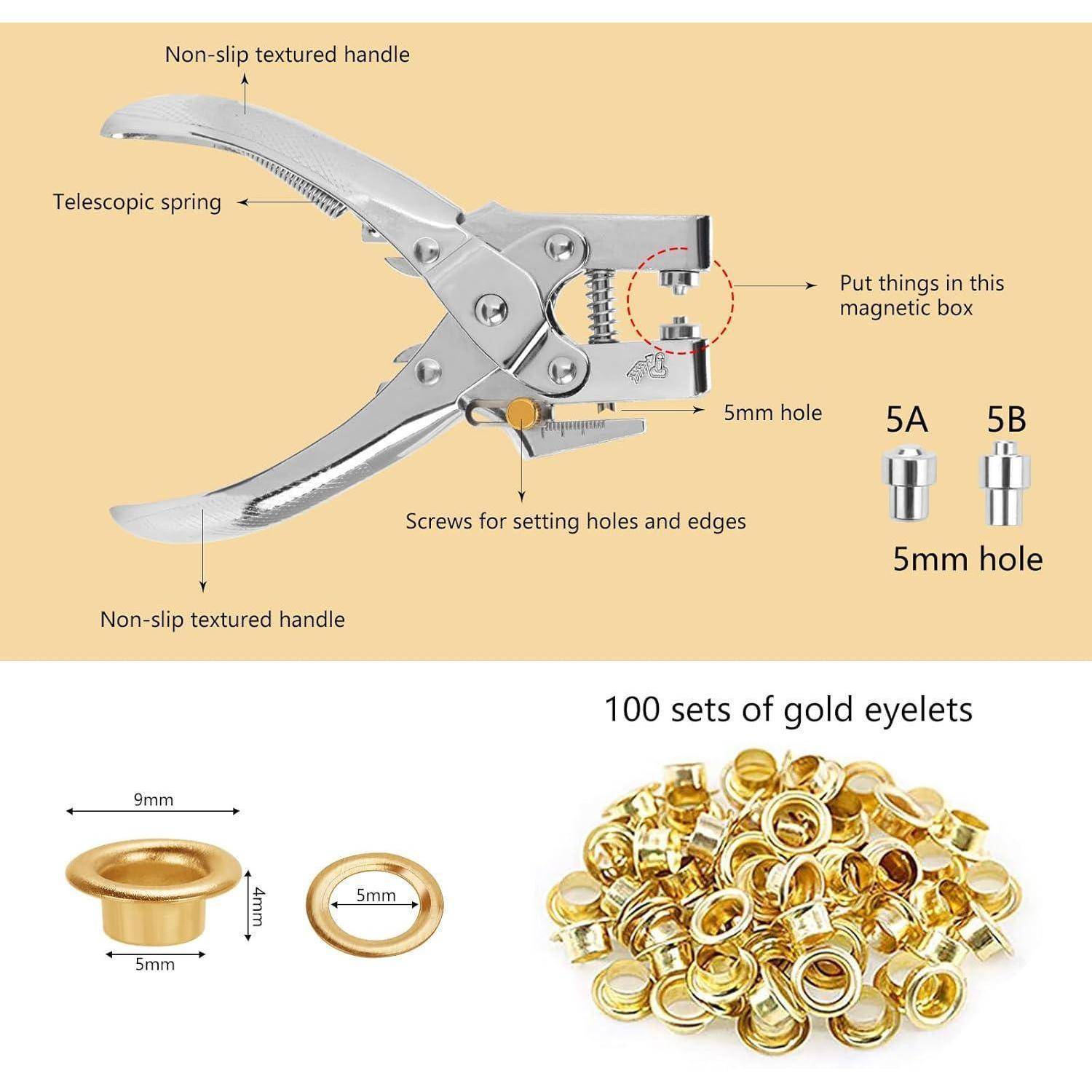 Metalllocher mit rutschfestem Griff, ausziehbarer Feder, magnetischer Box für Locheisen. Enthält 100 goldene Ösen: Größen 5A und 5B.