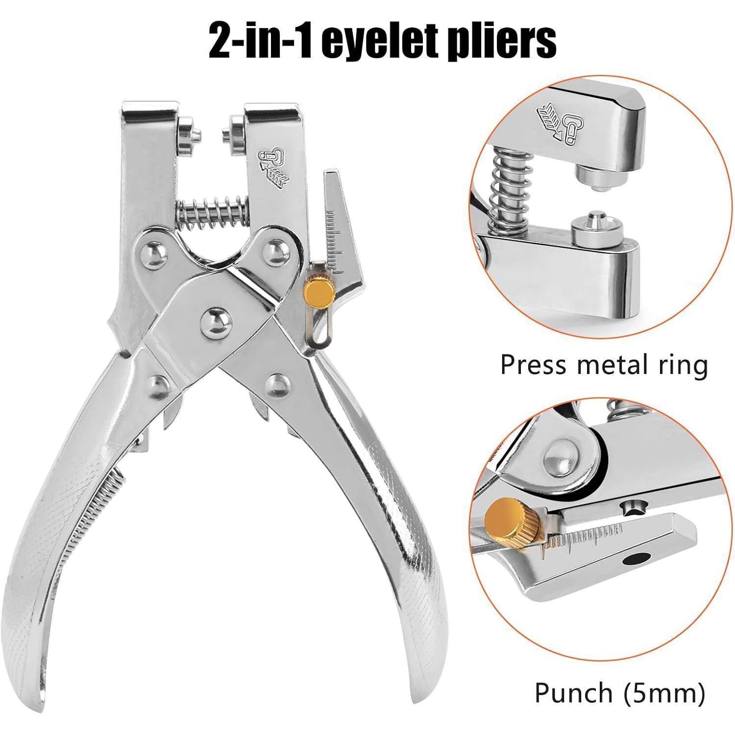 2-in-1 Ösenpliers' mit Detailaufnahmen der Merkmale: 'Metallring pressen' und 'Stanzen (5mm)'. Werkzeug für Bastel- oder Reparaturarbeiten.