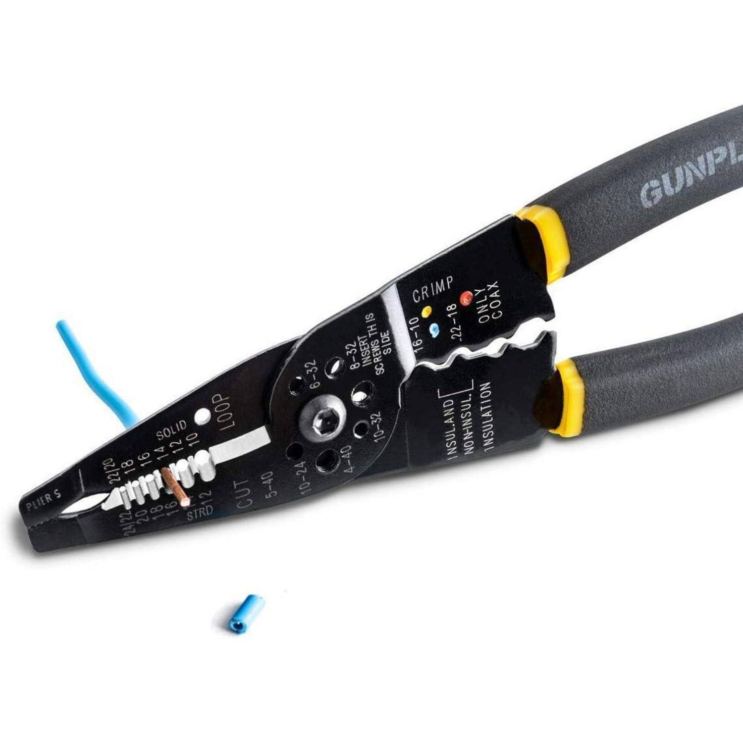 Ein Abisolierwerkzeug mit ergonomischen Griffen ist zu sehen, zusammen mit einem abgeschälten blauen Kabel. Das Werkzeug ist mit verschiedenen Drahtquerschnittsgrößen beschriftet.