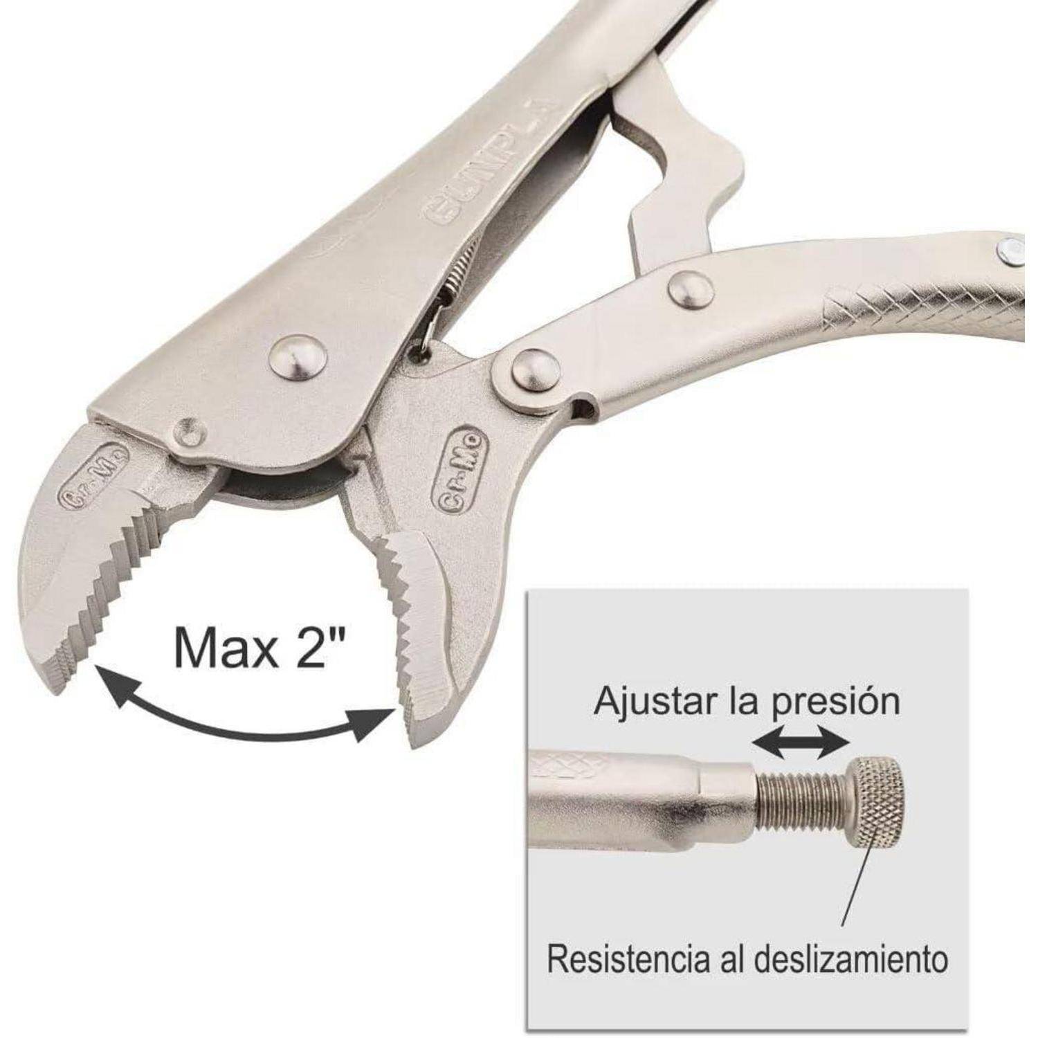 Eine Metallzange mit Verriegelungsmechanismus, die eine maximale Kieferöffnung von 2 Zoll zeigt. Ein Inset erklärt, wie man den Druck einstellt und einen rutschfesten Griff erzeugt.