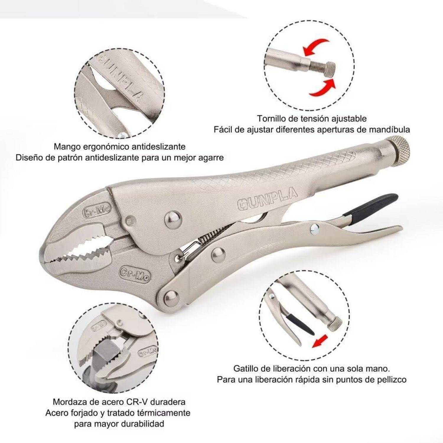 Schlossgreifzange mit ergonomischem Griff, verstellbarer Spannschraube und Auslösetrigger mit Einhand-Bedienung. Texthervorhebungen in Spanisch.