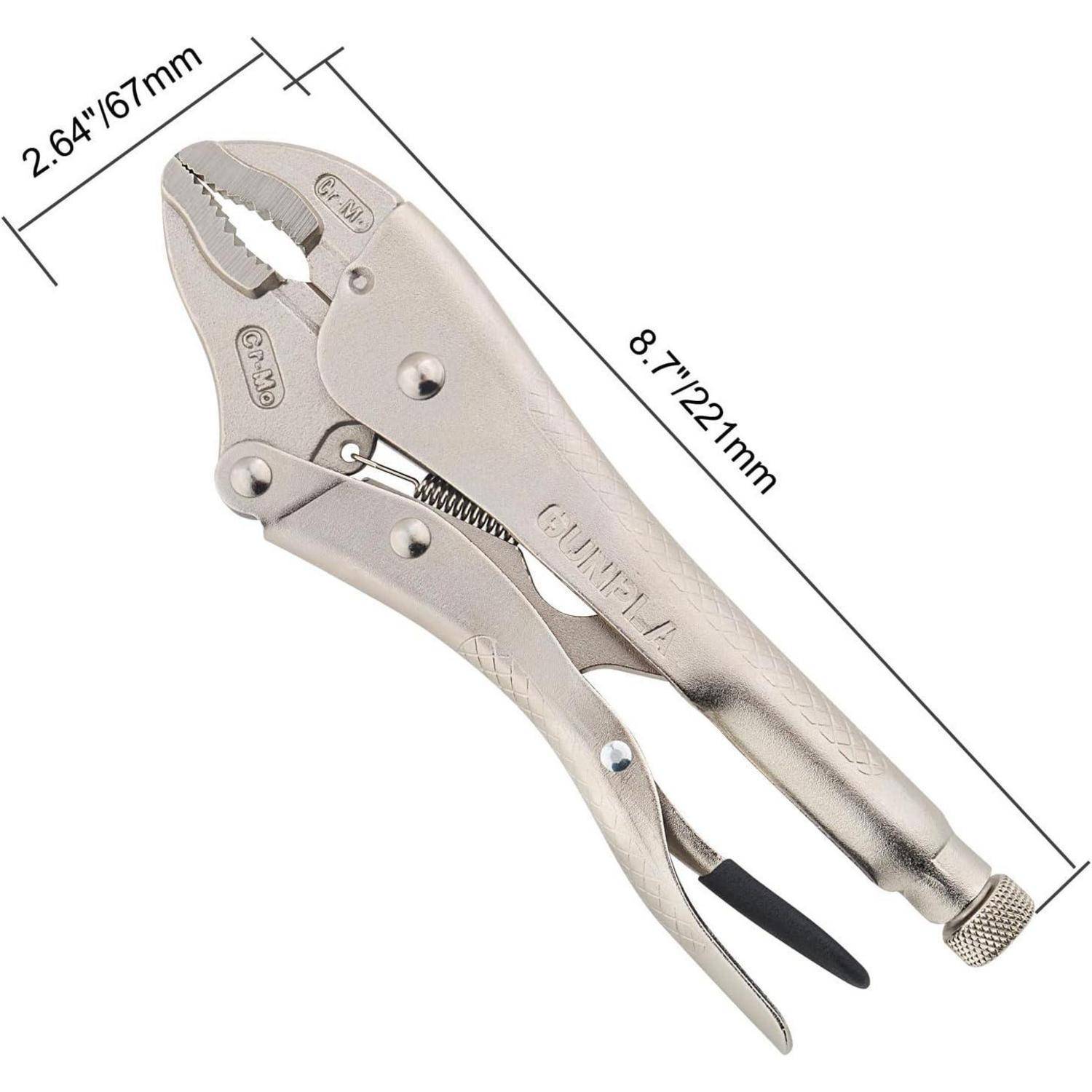 CHTEL-Gripzangen, Größe 8,7 Zoll/221 mm mit einer Backenbreite von 2,64 Zoll/67 mm, mit Maßangaben dargestellt.