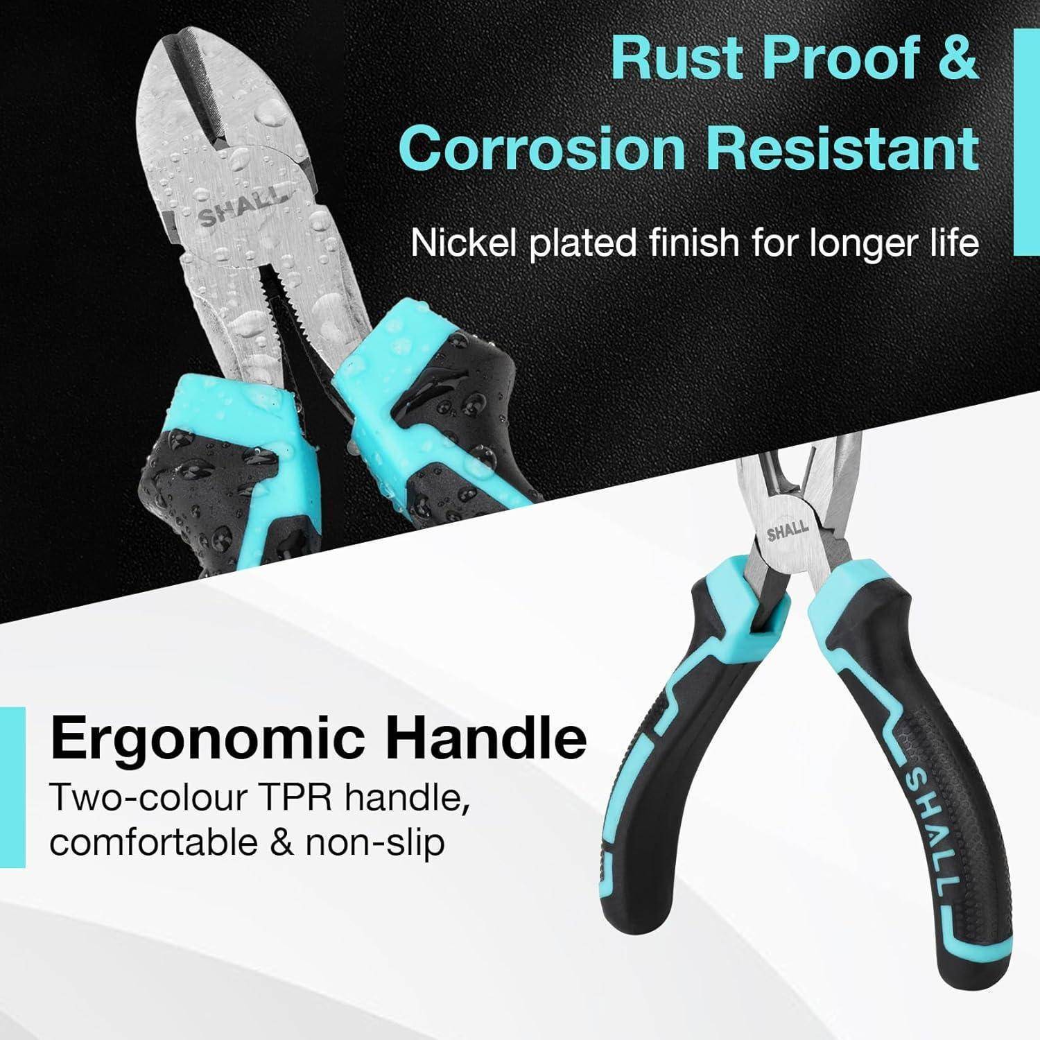 Das Bild zeigt ein Paar Zangen mit einer Beschreibung, die ihre rostfreien und korrosionsbeständigen Eigenschaften sowie einen ergonomischen Griff hervorhebt.