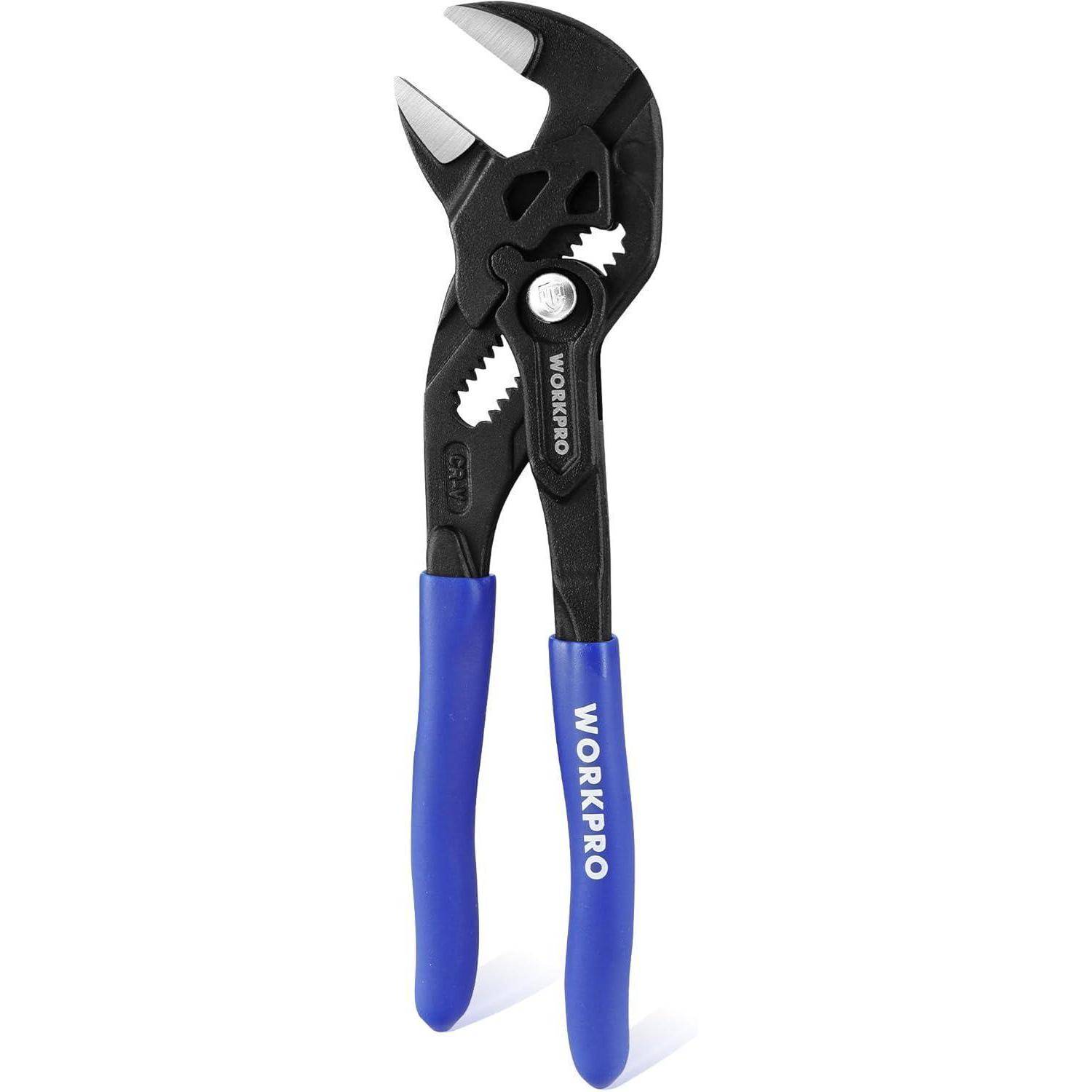 Verstellbare Zange mit blauen Gummigriffteilen und schwarzen Metallbacken, Marke 'WORKPRO', ideal zum Greifen und Drehen verschiedener Objekte.