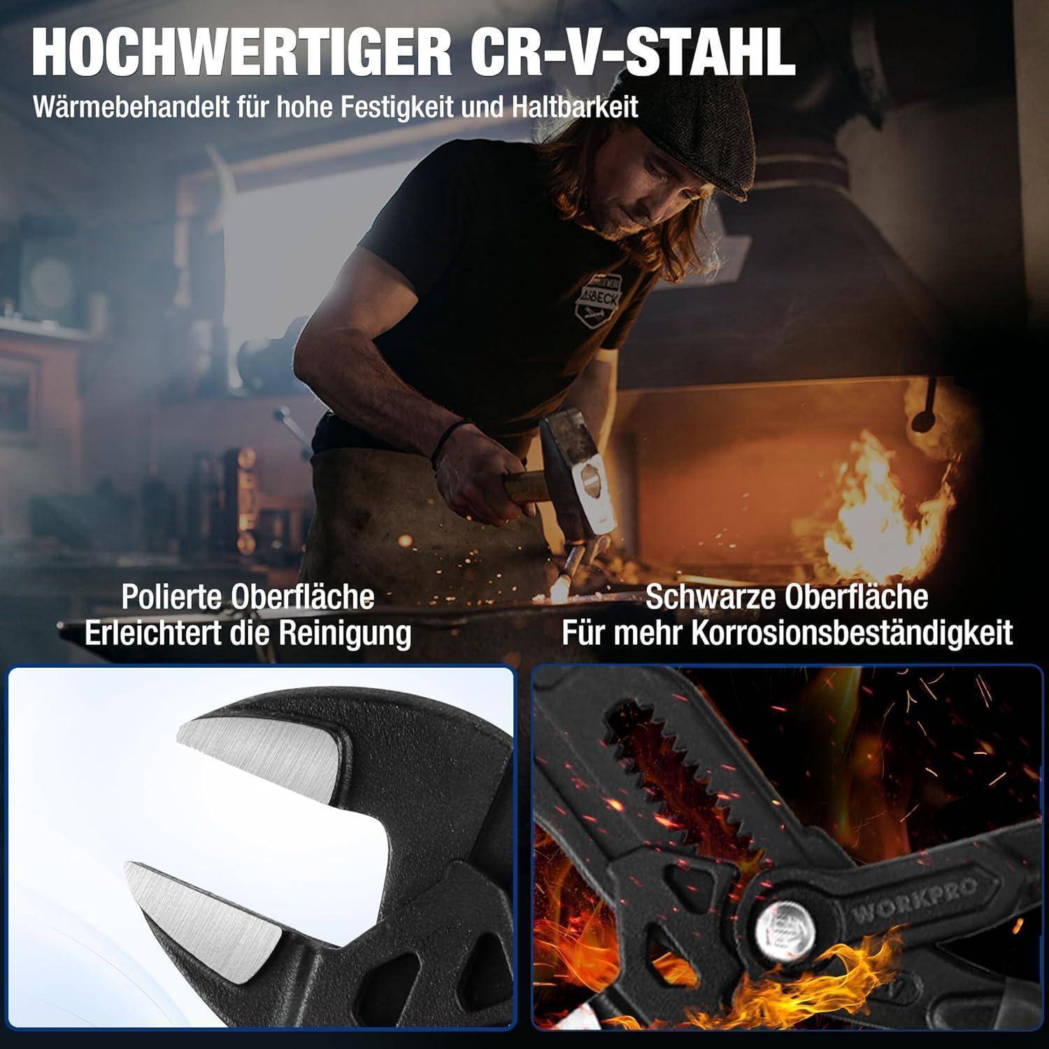 Eine Person arbeitet in einer Schmiede mit Amboss und Feuer, präsentiert Werkzeuge mit Etiketten, die die polierte Oberfläche, Korrosionsbeständigkeit und Haltbarkeit hervorheben.