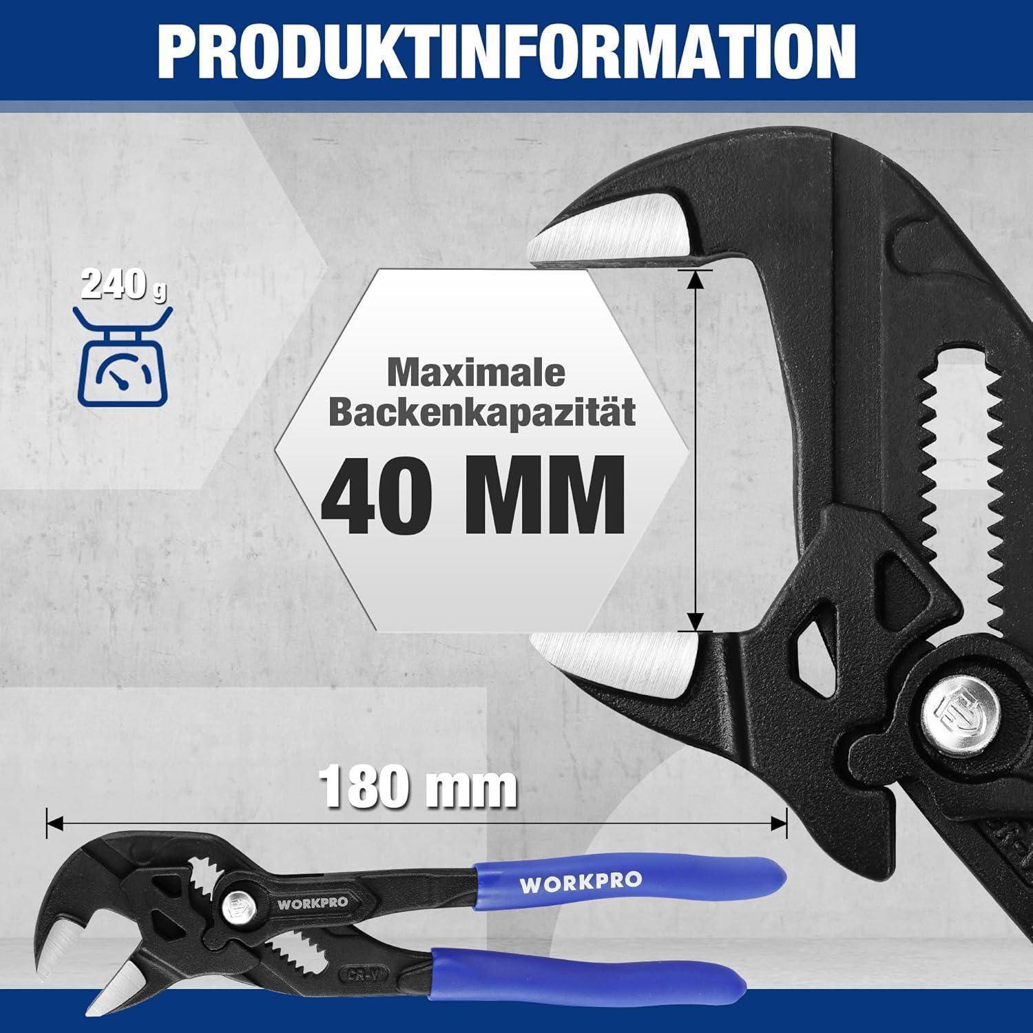 Bild eines verstellbaren Schraubenschlüssels mit 'Maximale Backenkapazität 40 mm' und Abmessungen 180 mm, 240 g. Blau-graues Design.