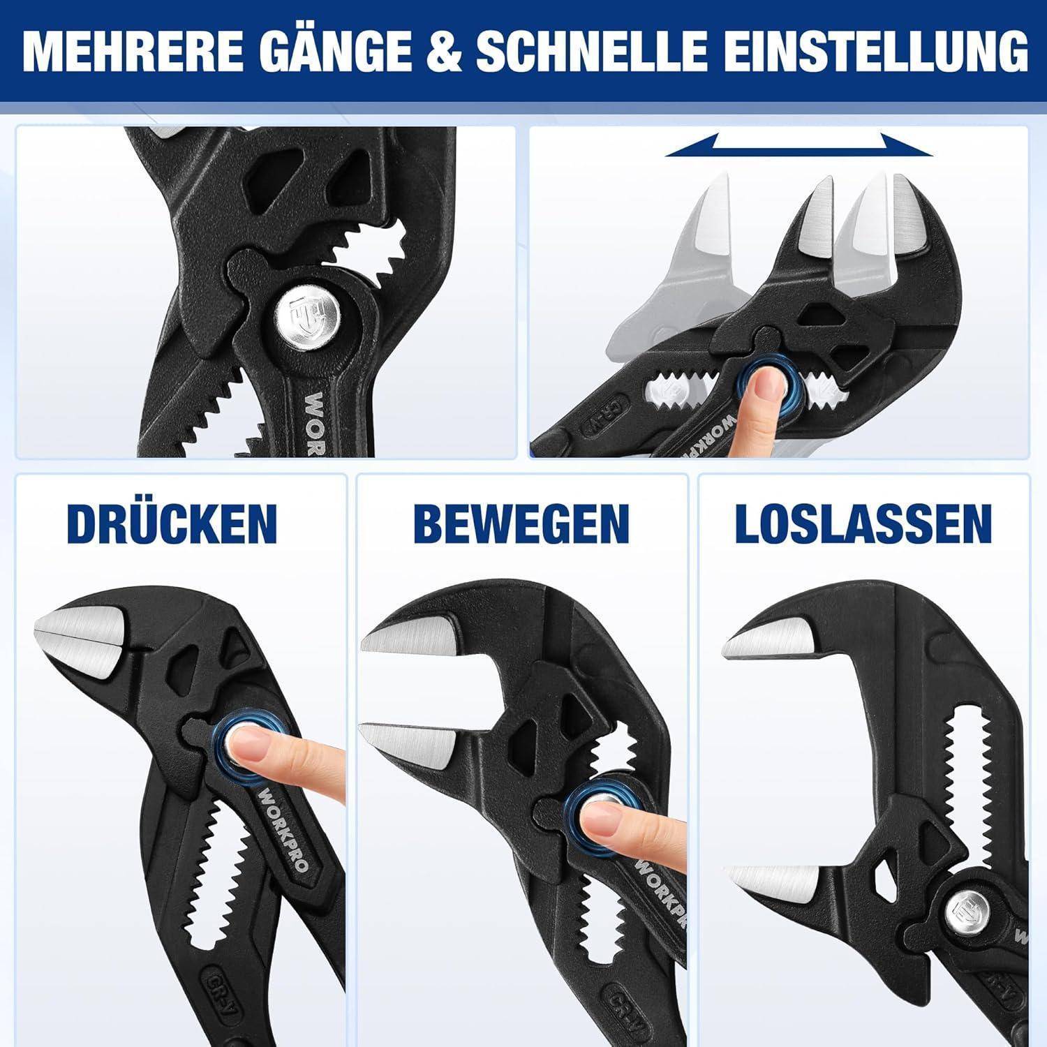 Diagramm mit Anleitung zur Verwendung eines verstellbaren Schraubenschlüssels: 'Drücken', 'Bewegen', 'Loslassen'. Hauptbild eines Schraubenschlüssels mit detaillierten Einzelschritten.