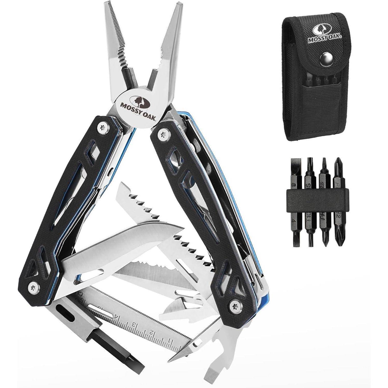 Multitool mit Zange, Säge, Messer und Schraubendreher-Bits. Inklusive einer schwarzen Tragetasche. Ideal für Outdoor-Aktivitäten und Reparaturen.
