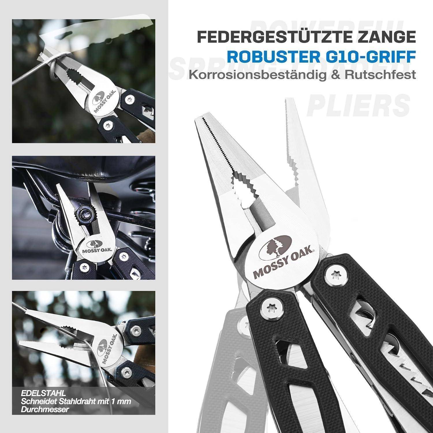 Federstützte Zange mit robustem G10-Griff, korrosionsbeständig und rutschfest. Edelstahl Schneidkanten mit 1 mm Durchmesser.